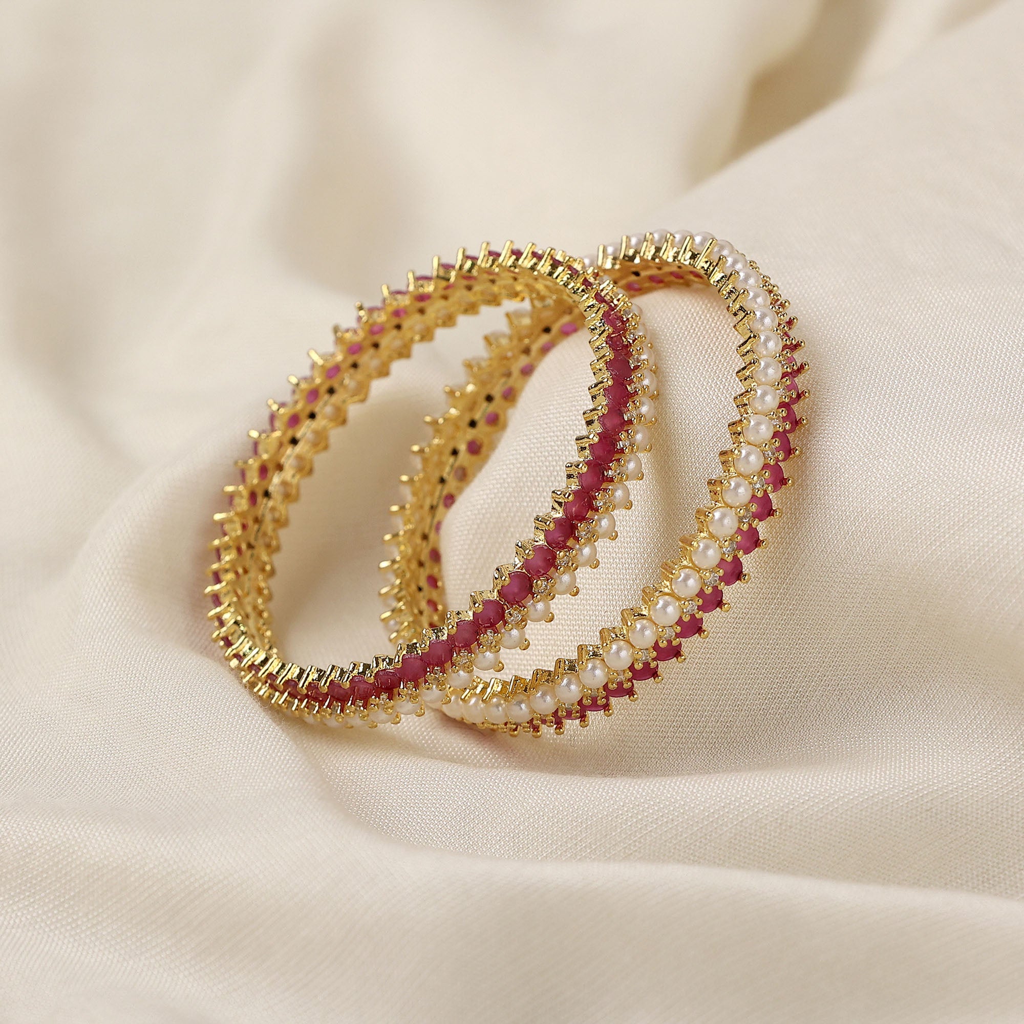 Radiant Red Ruby and Pearl Fusion Golden 2 Bangles