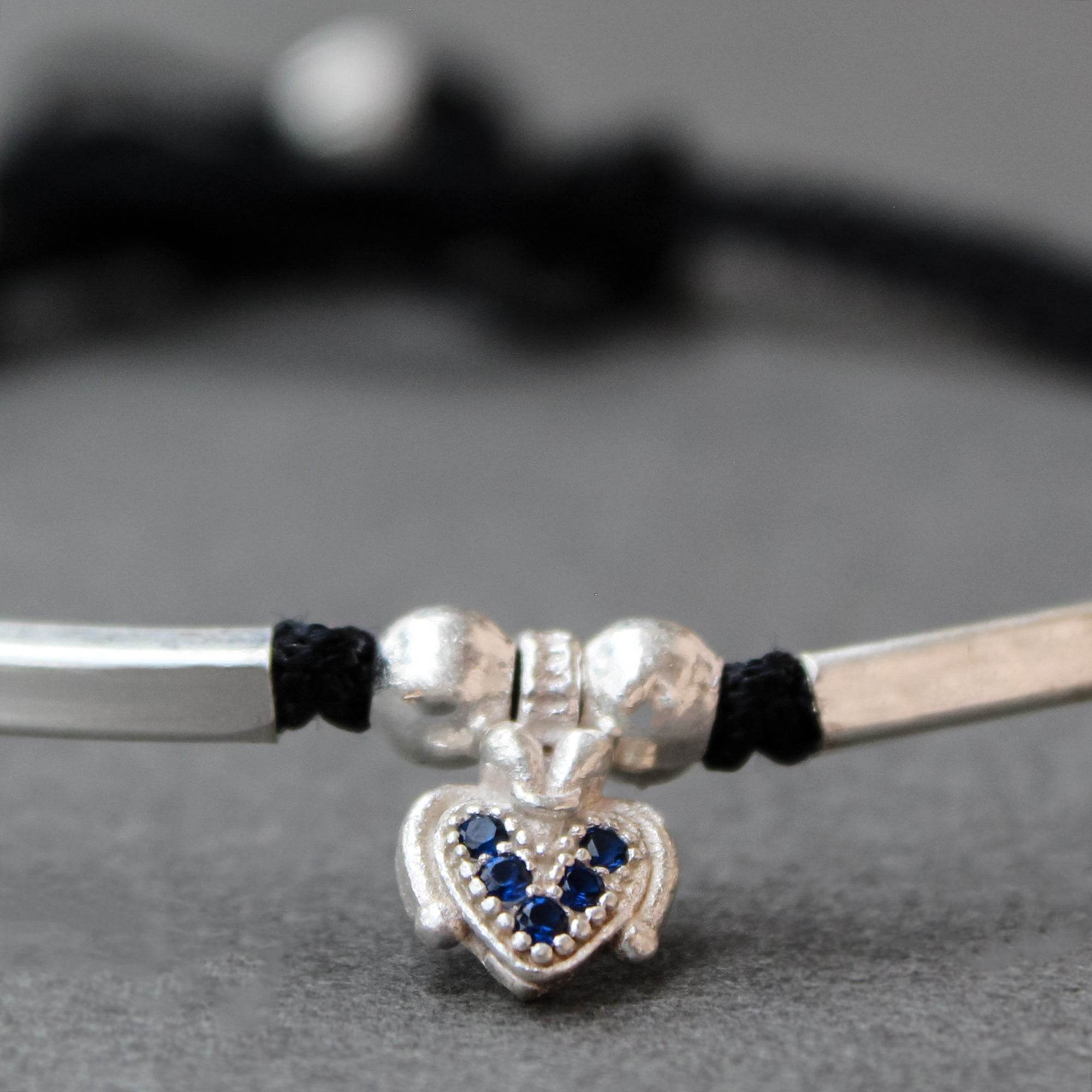925 Sterling Silver Adjustable Anklet with Black Cord and Heart Charm - BeAbhika.com