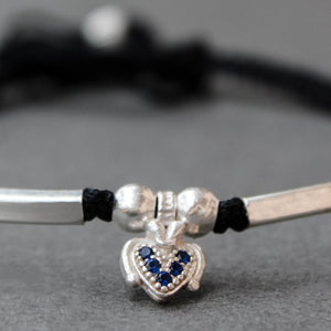 925 Sterling Silver Adjustable Anklet with Black Cord and Heart Charm - BeAbhika.com