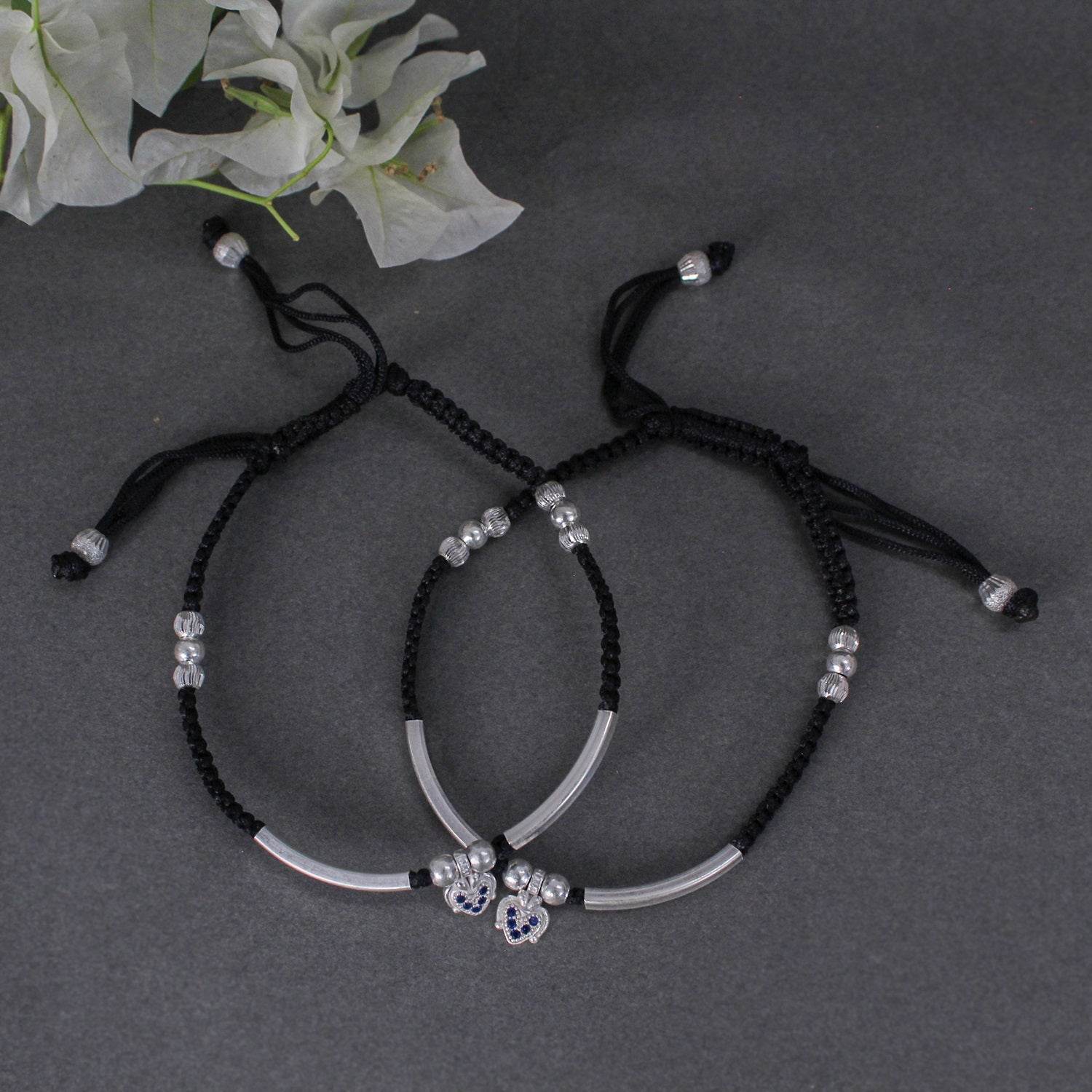 925 Sterling Silver Adjustable Anklet with Black Cord and Heart Charm - BeAbhika.com