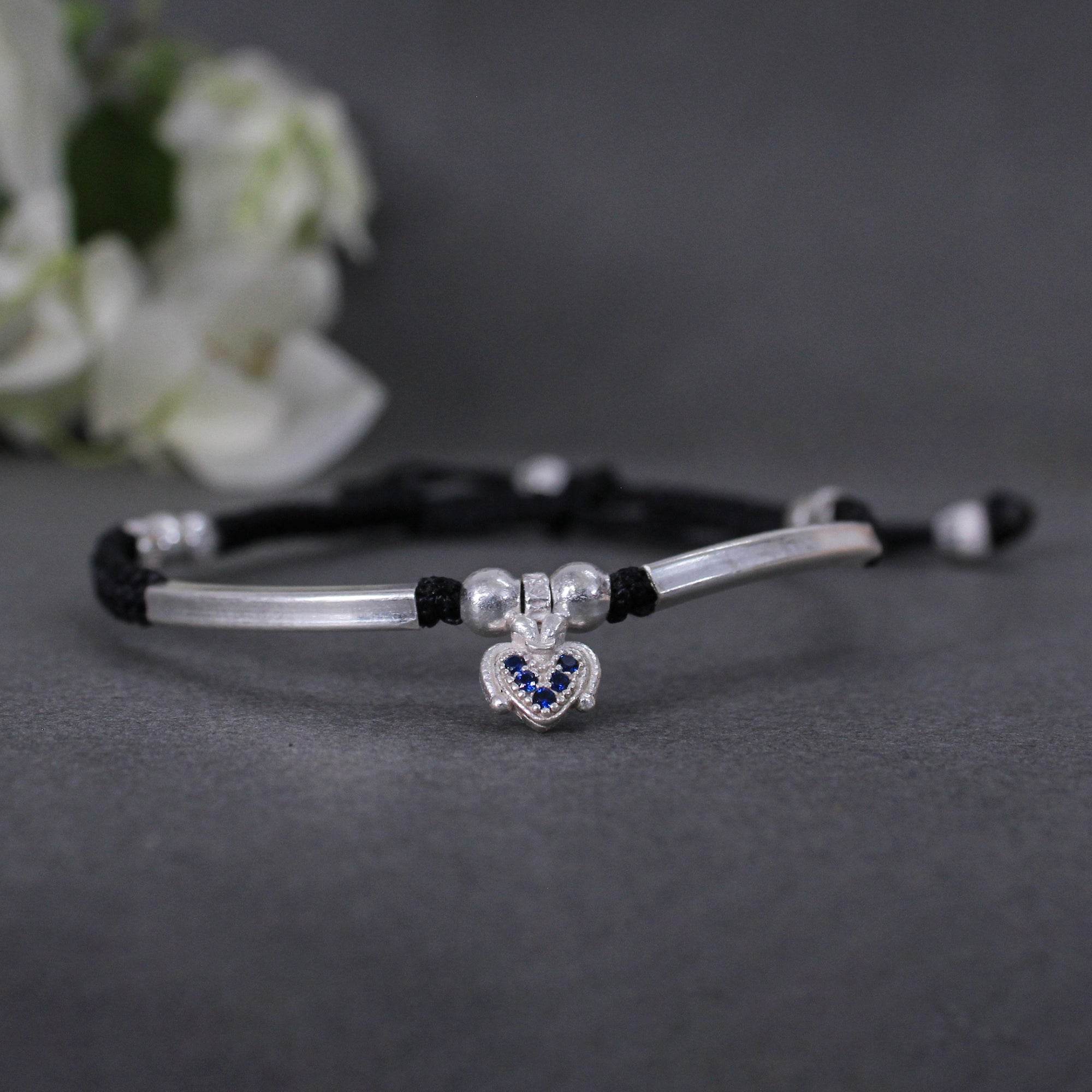 925 Sterling Silver Adjustable Anklet with Black Cord and Heart Charm - BeAbhika.com