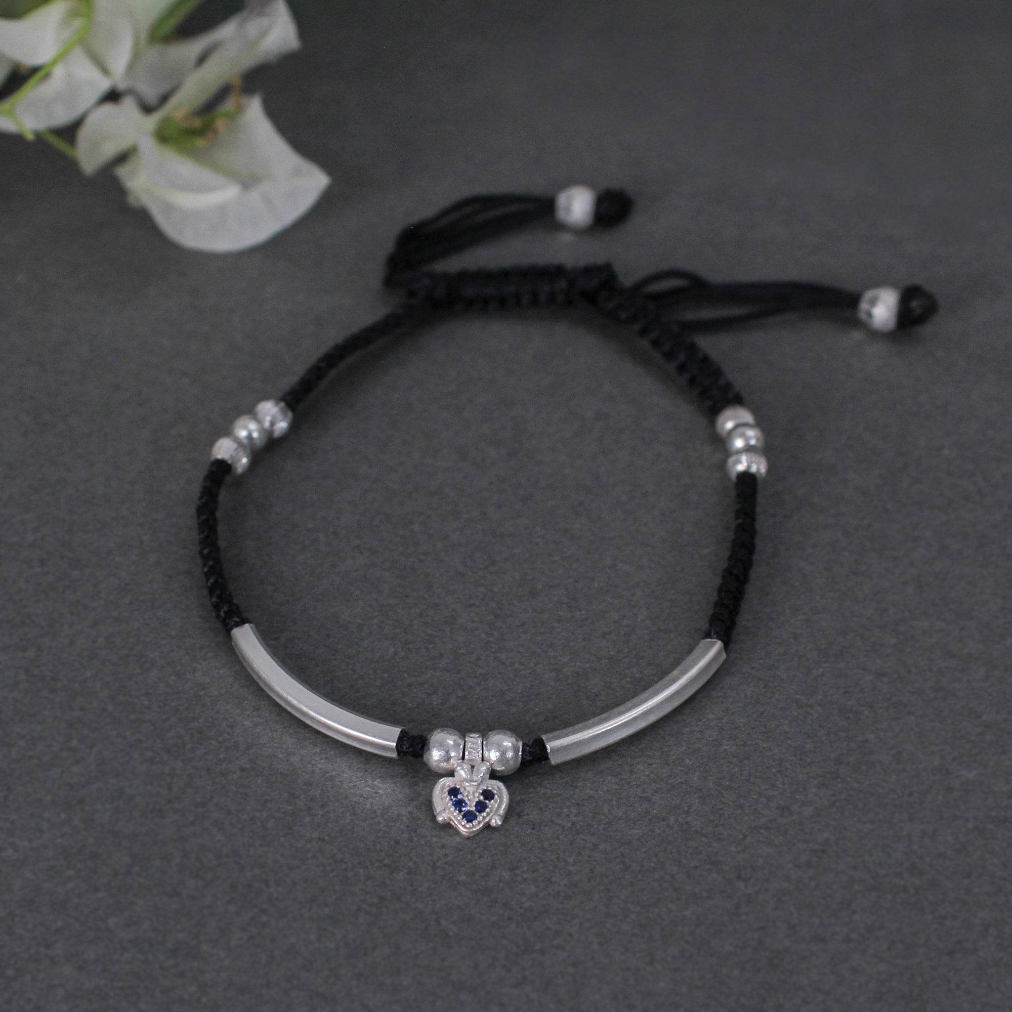 925 Sterling Silver Adjustable Anklet with Black Cord and Heart Charm - BeAbhika.com
