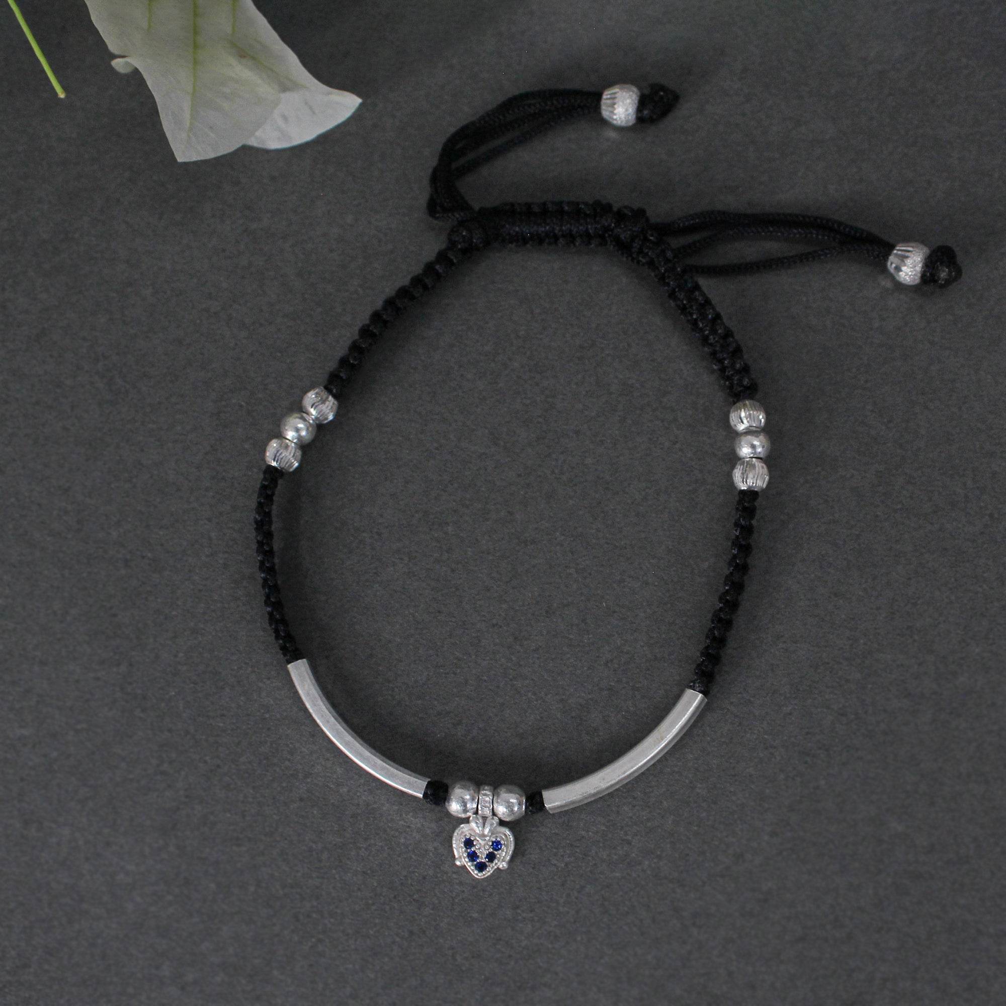 925 Sterling Silver Adjustable Anklet with Black Cord and Heart Charm - BeAbhika.com