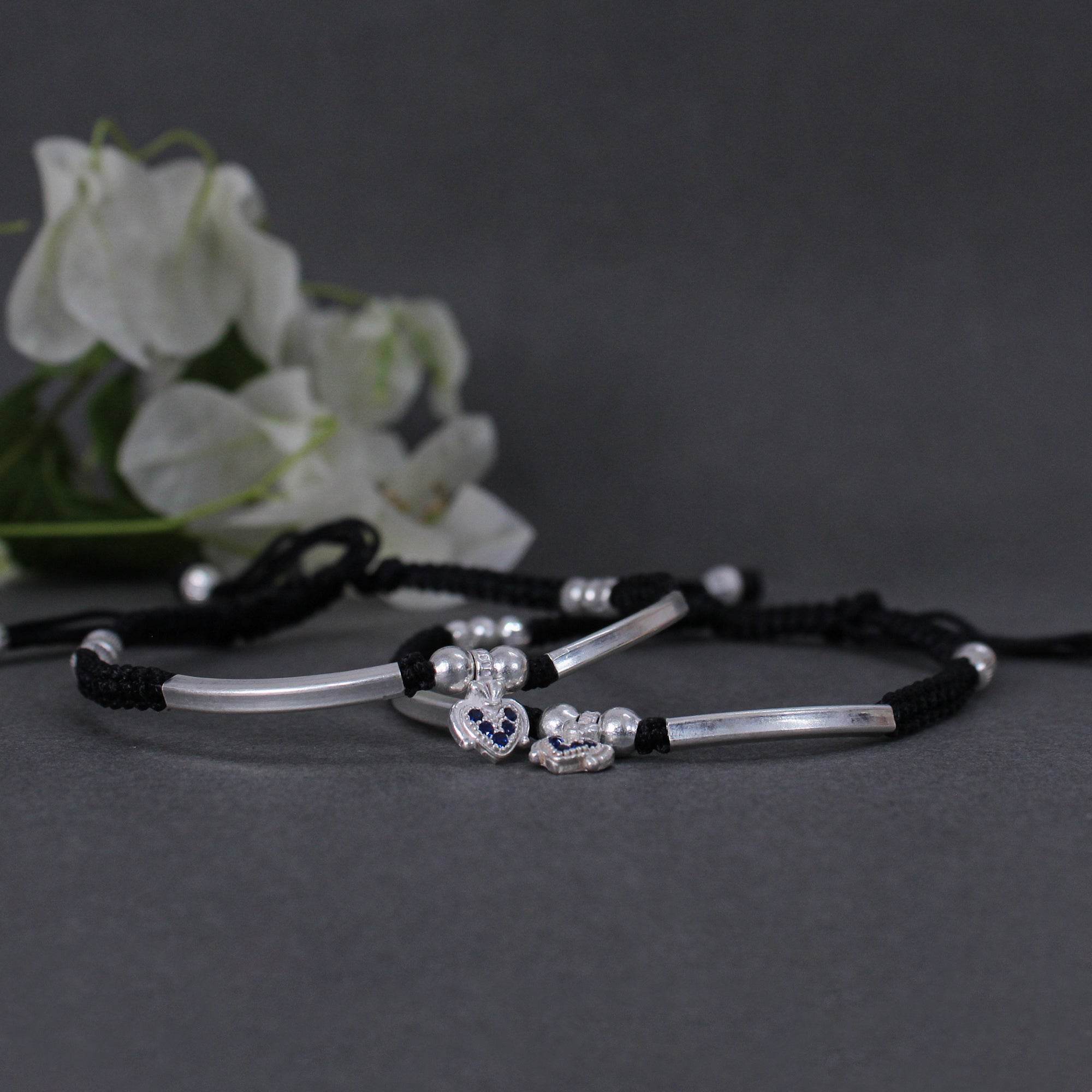 925 Sterling Silver Adjustable Anklet with Black Cord and Heart Charm - BeAbhika.com