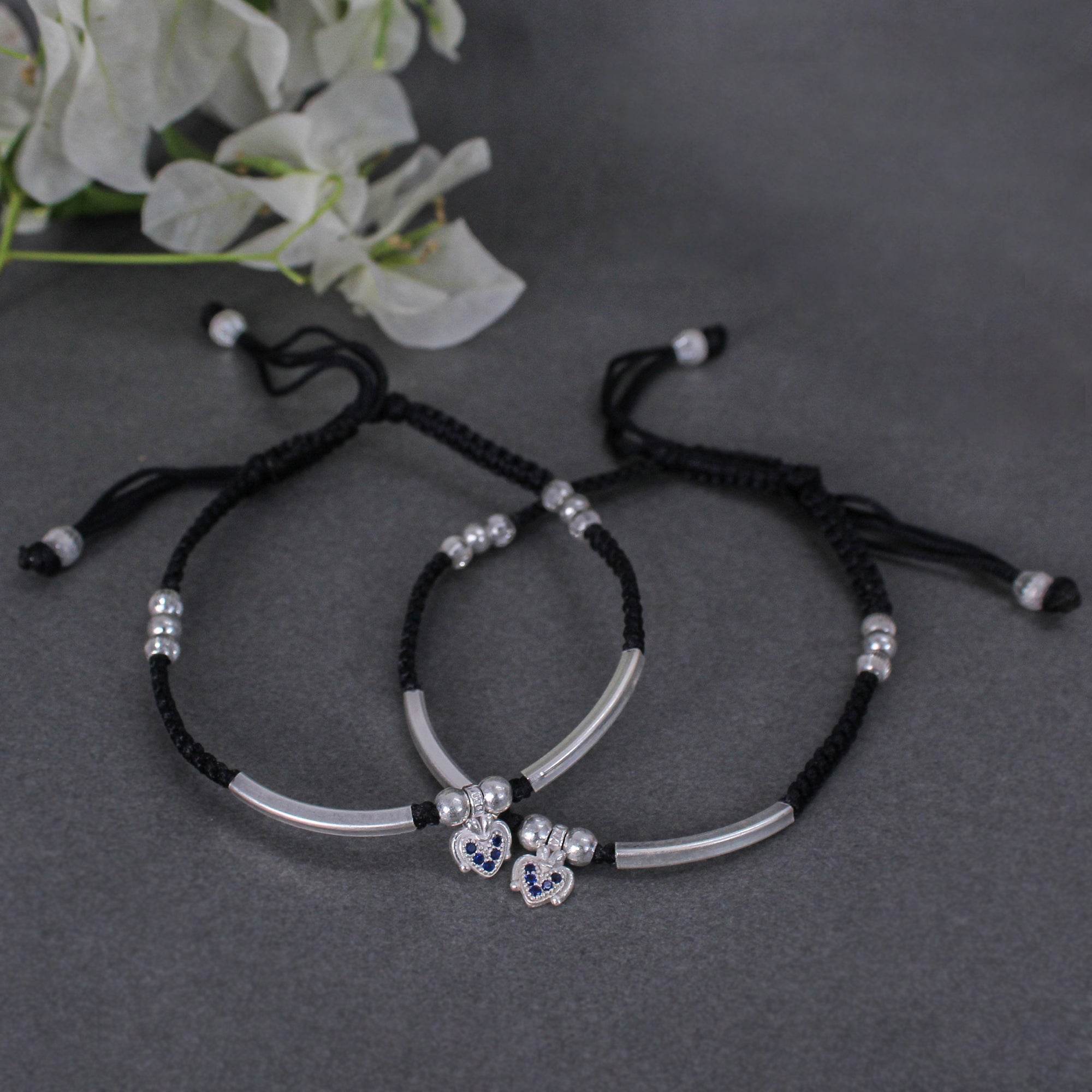 925 Sterling Silver Adjustable Anklet with Black Cord and Heart Charm - BeAbhika.com