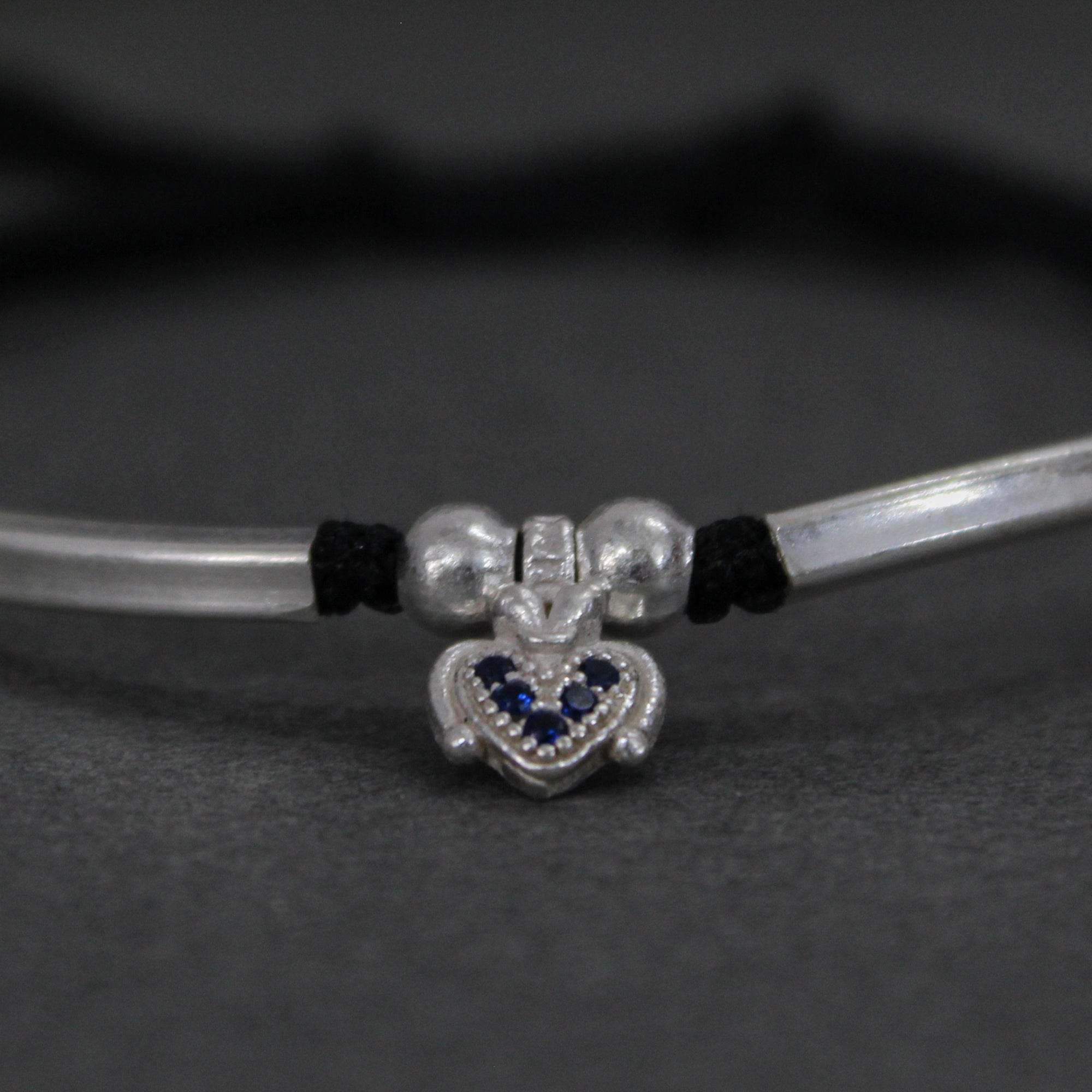 925 Sterling Silver Adjustable Anklet with Black Cord and Heart Charm - BeAbhika.com