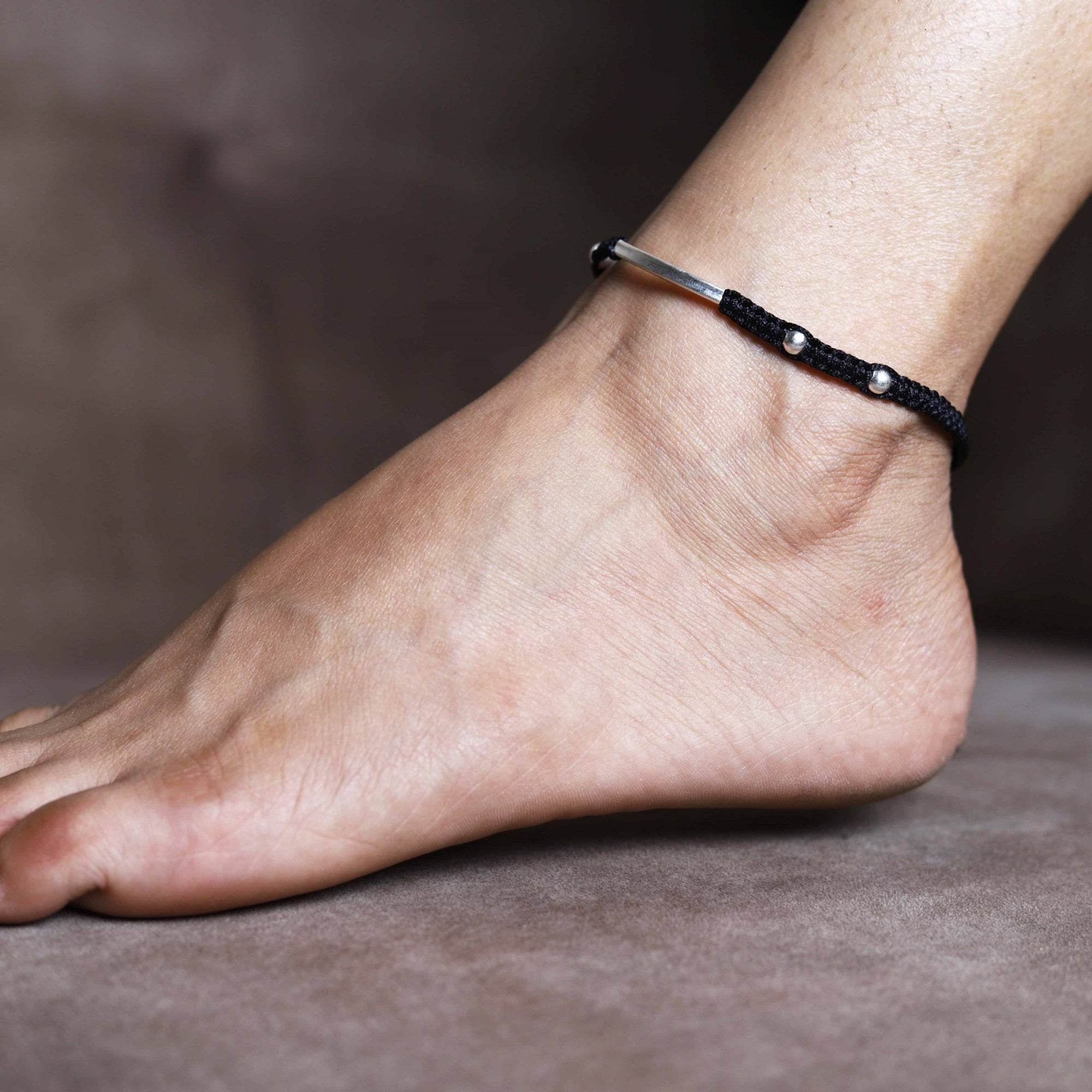Minimalist 925 Silver Adjustable Anklet With Black String - BeAbhika.com