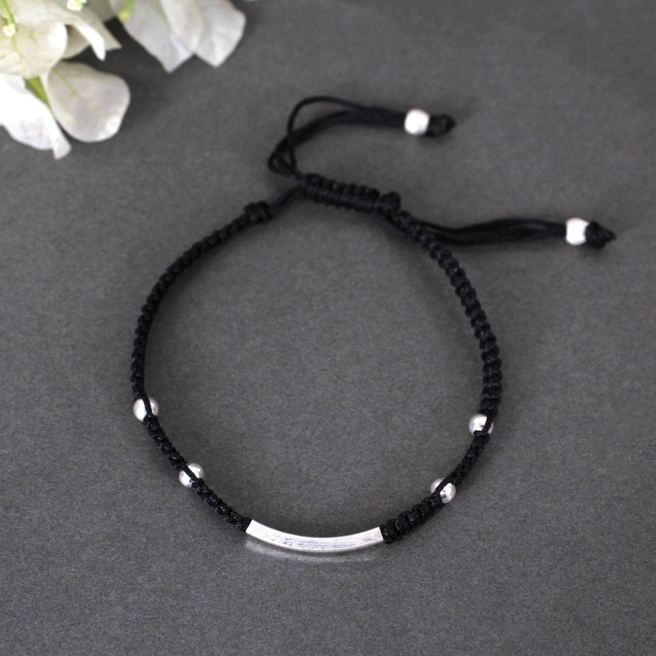 Minimalist 925 Silver Adjustable Anklet With Black String - BeAbhika.com