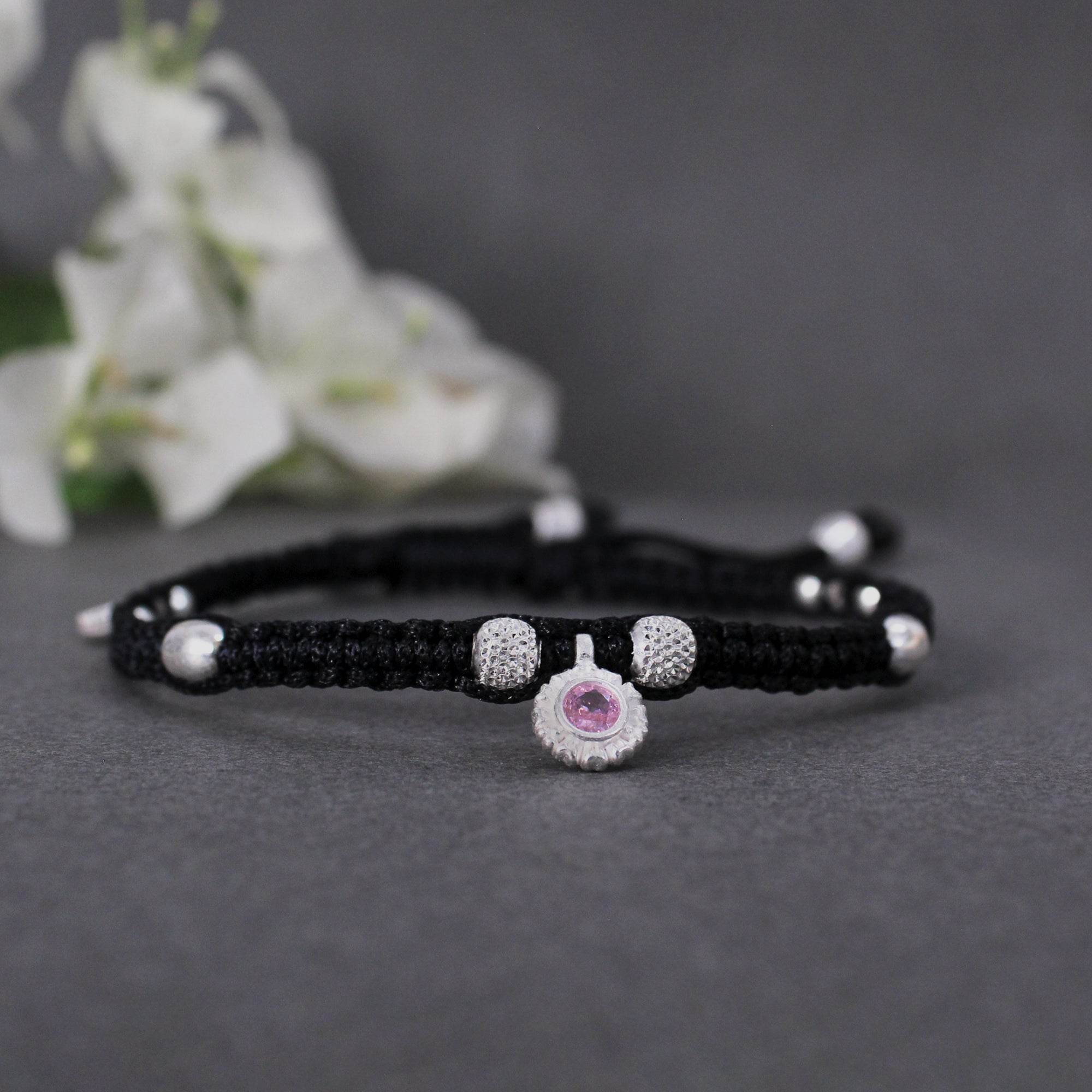 Adjustable 925 Sterling Silver Anklet With Black Cord and Pink Gemstone - BeAbhika.com