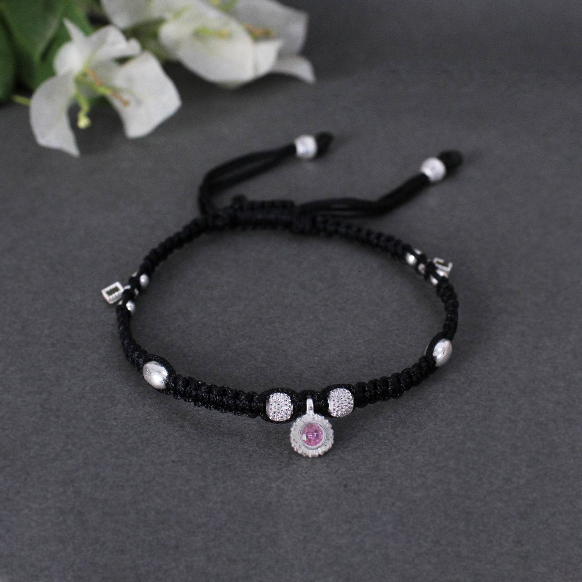 Adjustable 925 Sterling Silver Anklet With Black Cord and Pink Gemstone - BeAbhika.com