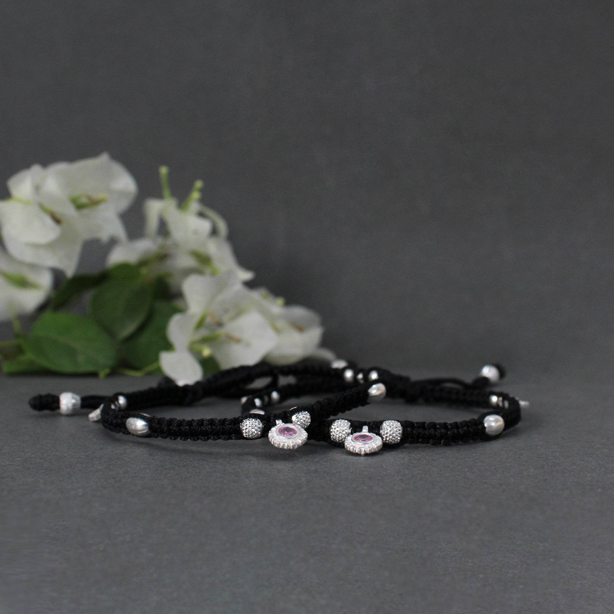 Adjustable 925 Sterling Silver Anklet With Black Cord and Pink Gemstone - BeAbhika.com