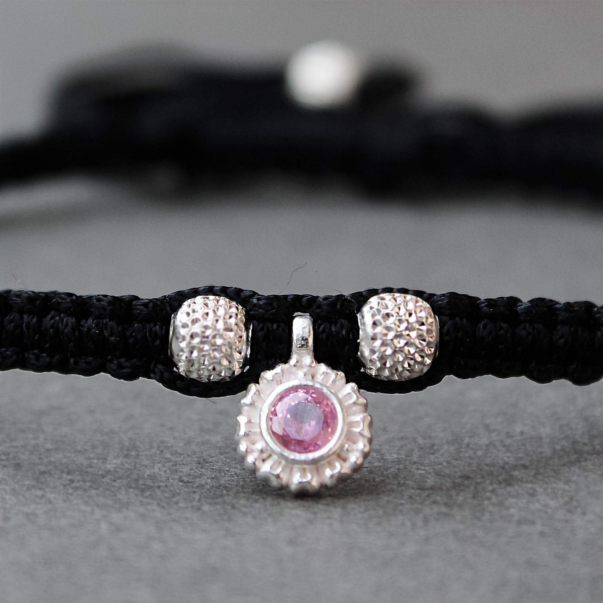 Adjustable 925 Sterling Silver Anklet With Black Cord and Pink Gemstone - BeAbhika.com