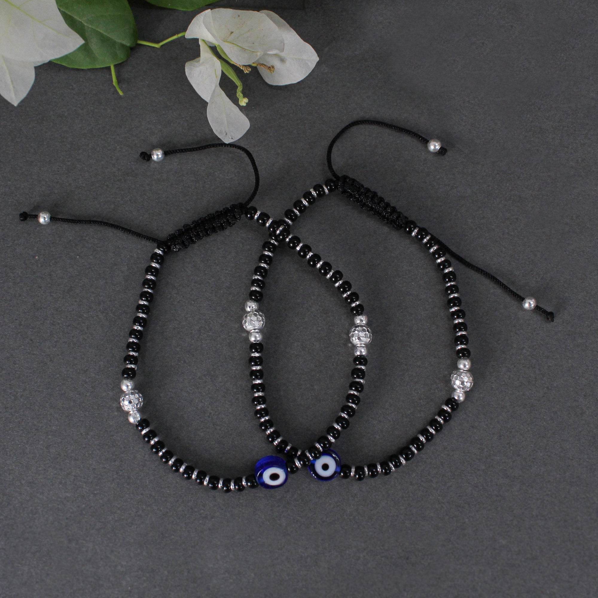 925 Sterling Silver Evil Eye Adjustable Anklets With Black Cord - BeAbhika.com