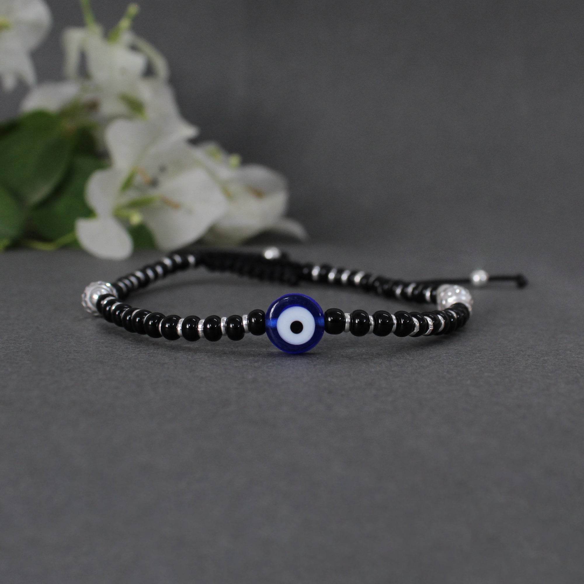 925 Sterling Silver Evil Eye Adjustable Anklets With Black Cord - BeAbhika.com