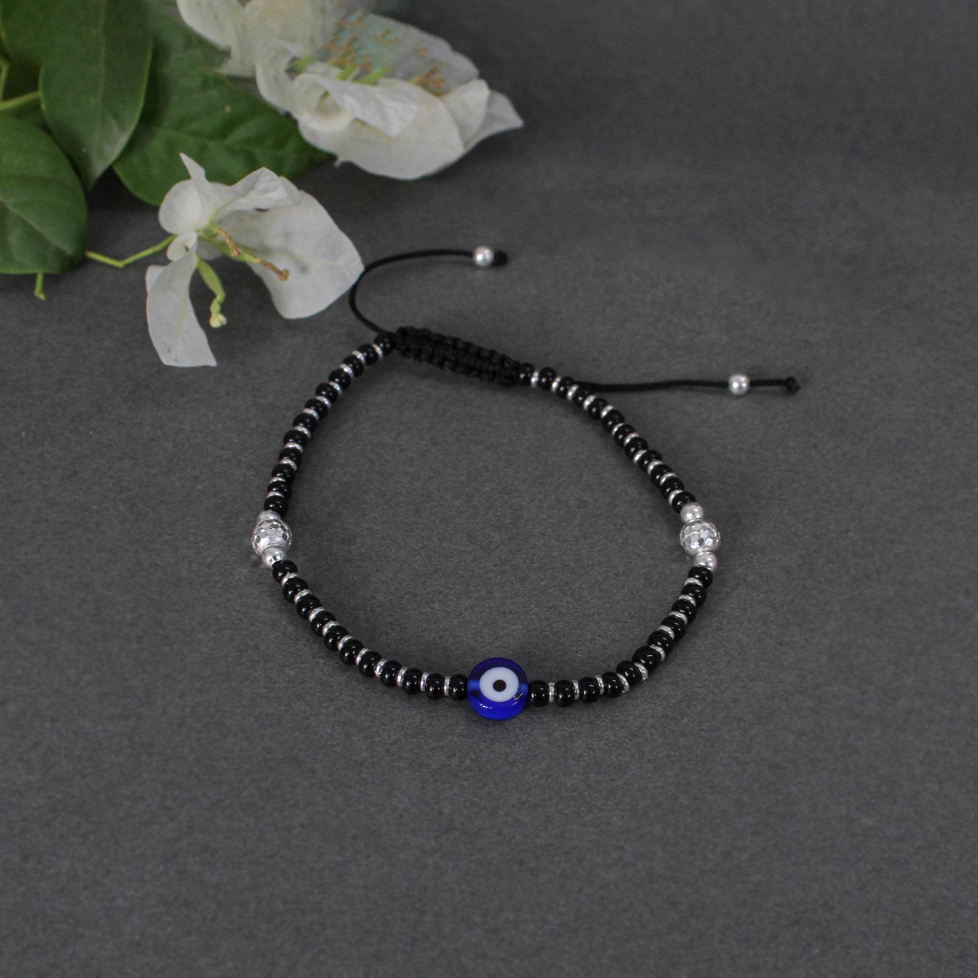 925 Sterling Silver Evil Eye Adjustable Anklets With Black Cord - BeAbhika.com