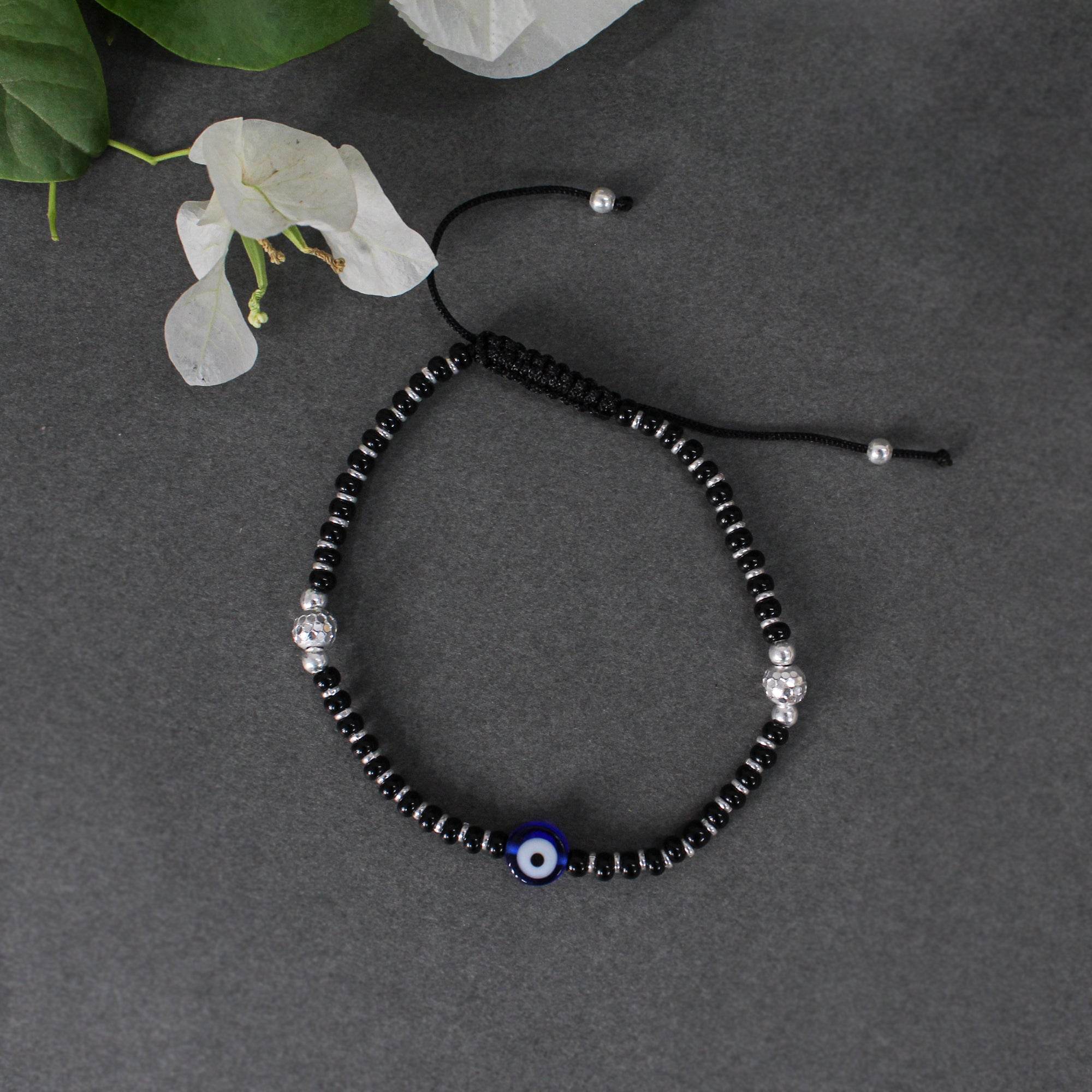 925 Sterling Silver Evil Eye Adjustable Anklets With Black Cord - BeAbhika.com