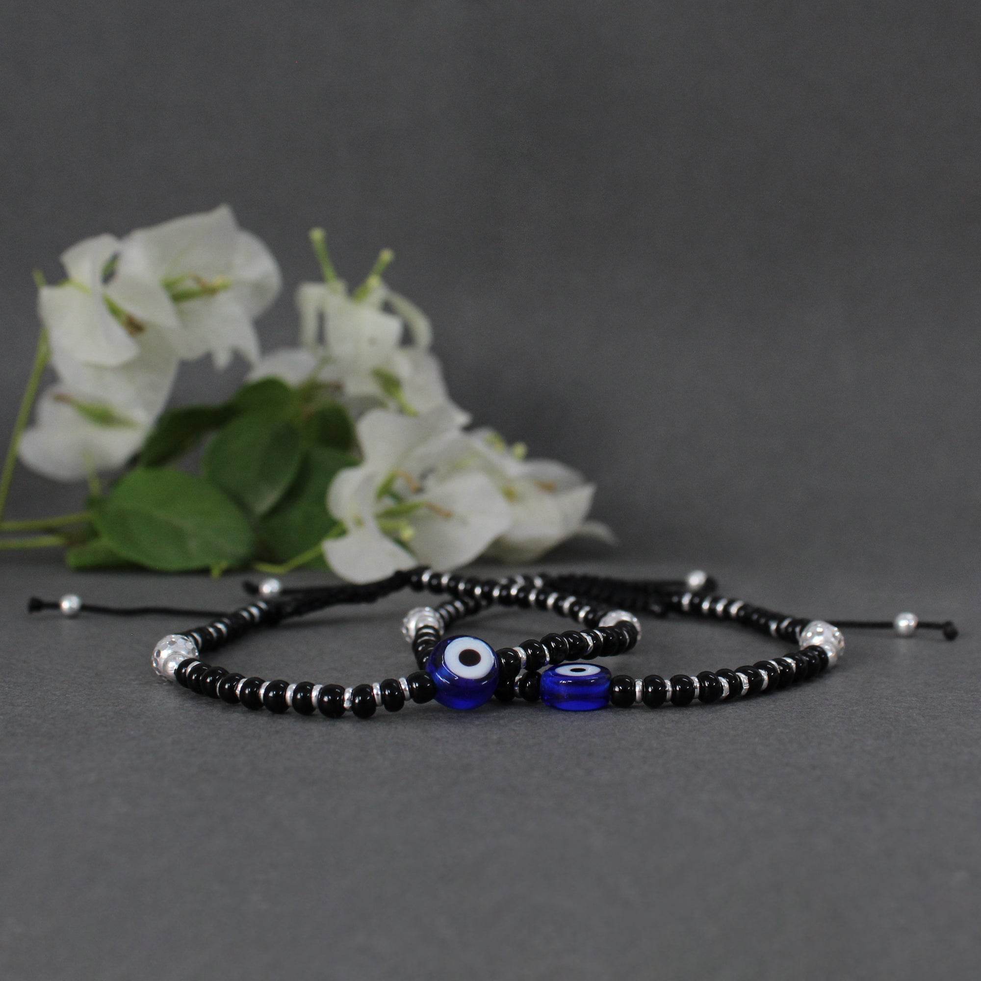 925 Sterling Silver Evil Eye Adjustable Anklets With Black Cord - BeAbhika.com