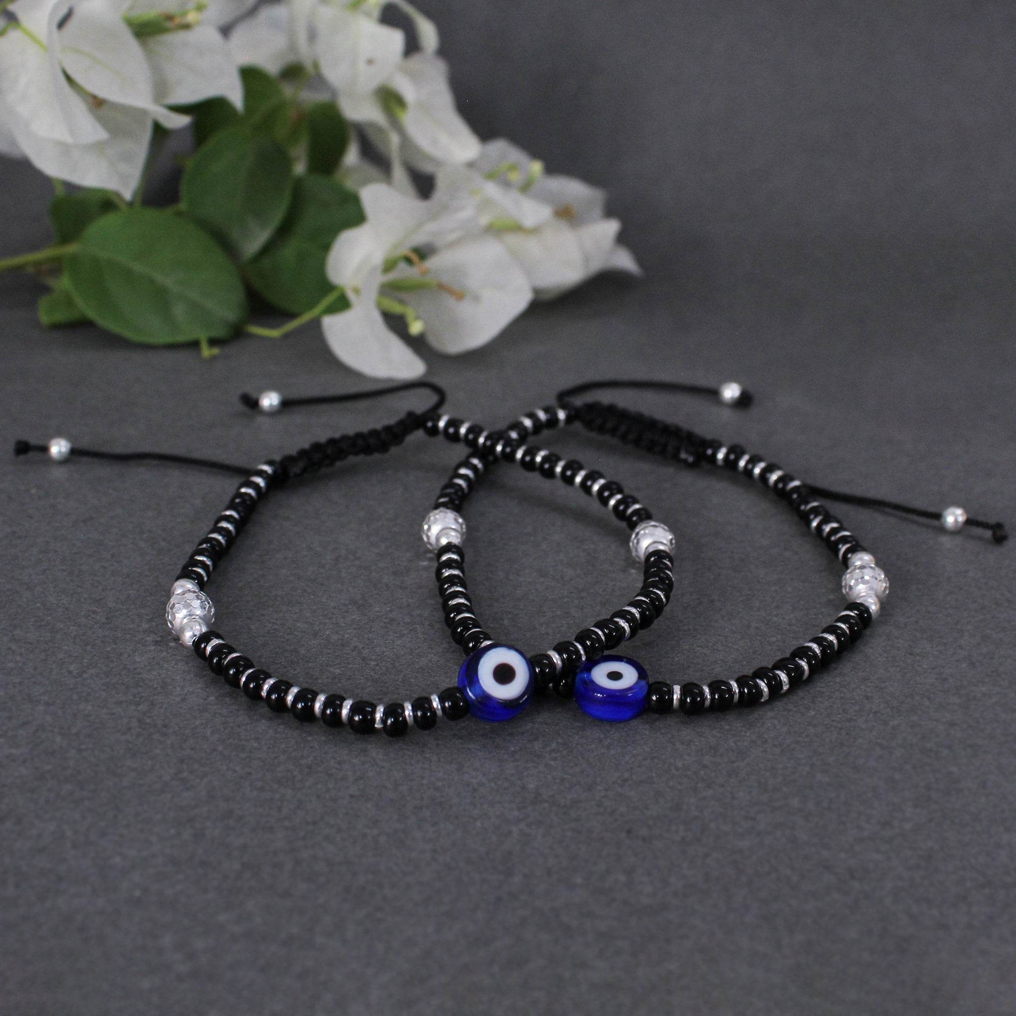 925 Sterling Silver Evil Eye Adjustable Anklets With Black Cord - BeAbhika.com