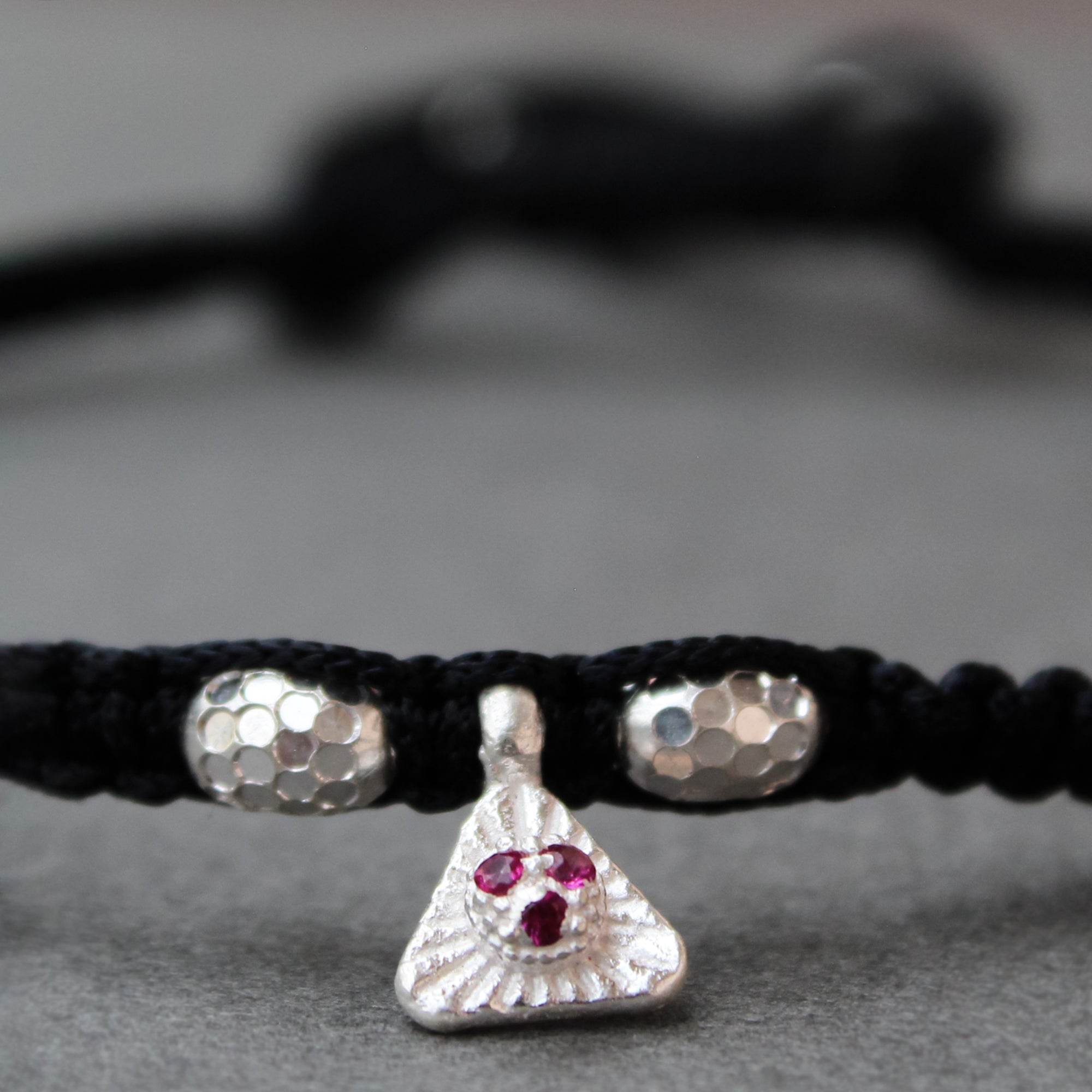 925 Silver Adjustable Anklet with Beaded Cord and Ruby Pendant - BeAbhika.com