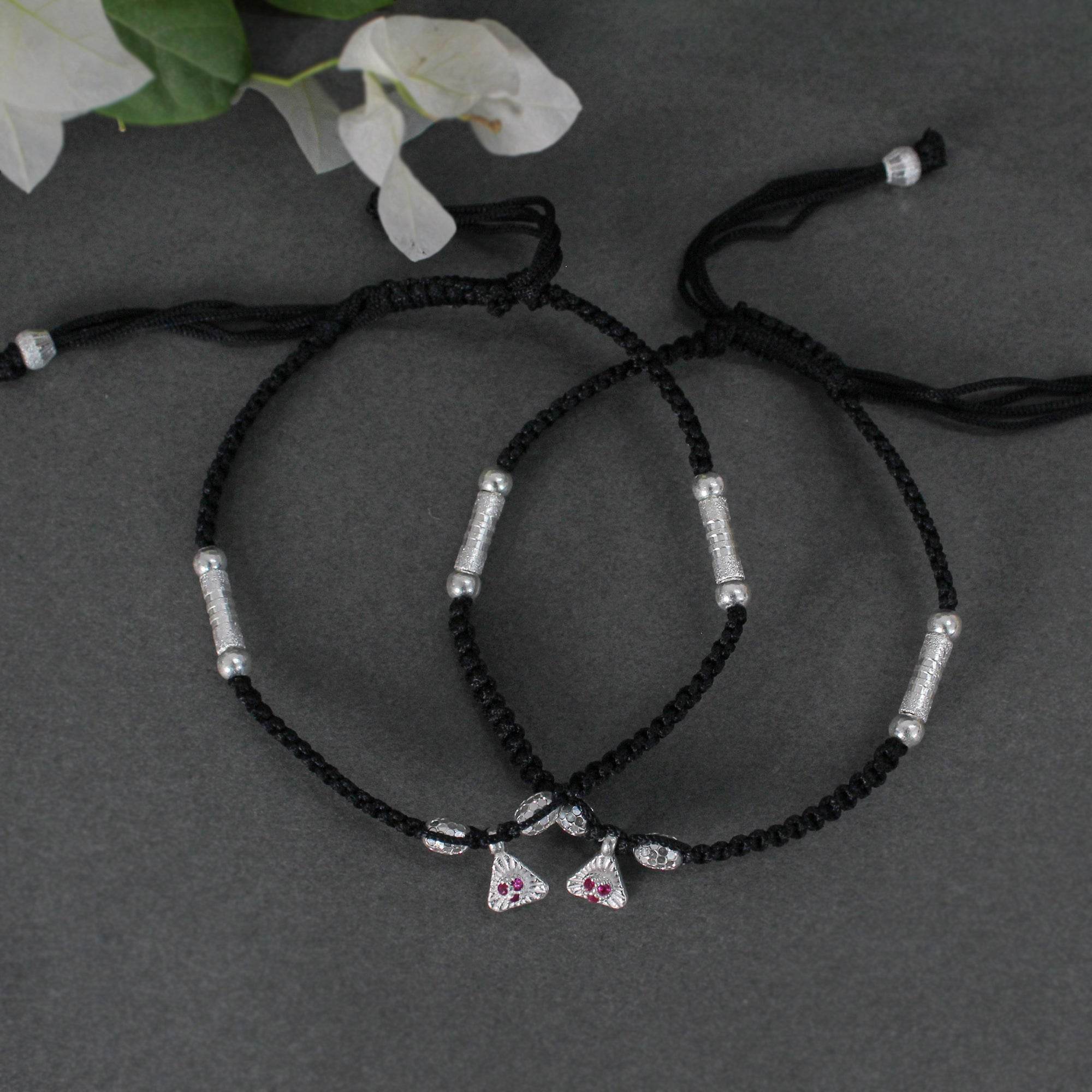 925 Silver Adjustable Anklet with Beaded Cord and Ruby Pendant - BeAbhika.com