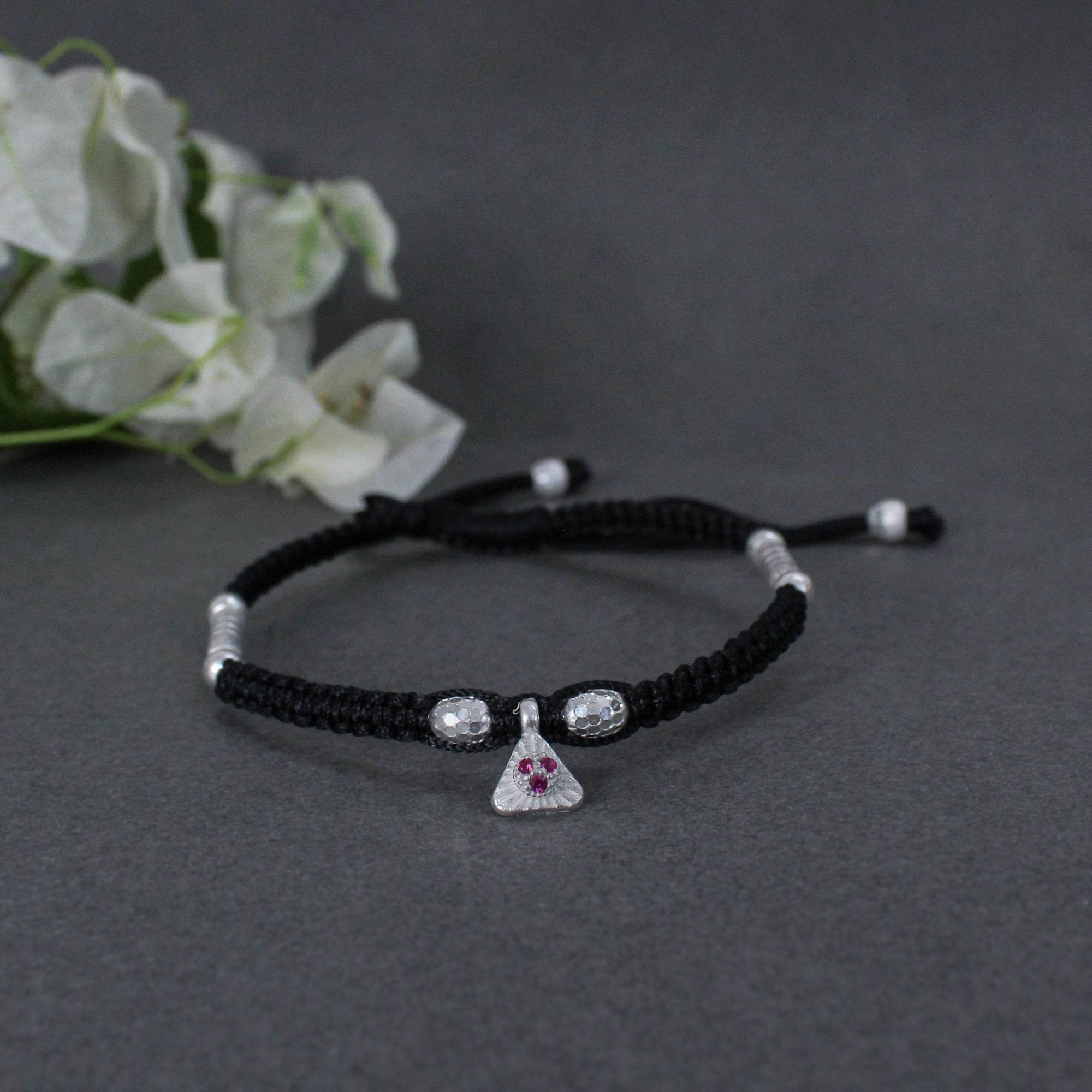 925 Silver Adjustable Anklet with Beaded Cord and Ruby Pendant - BeAbhika.com
