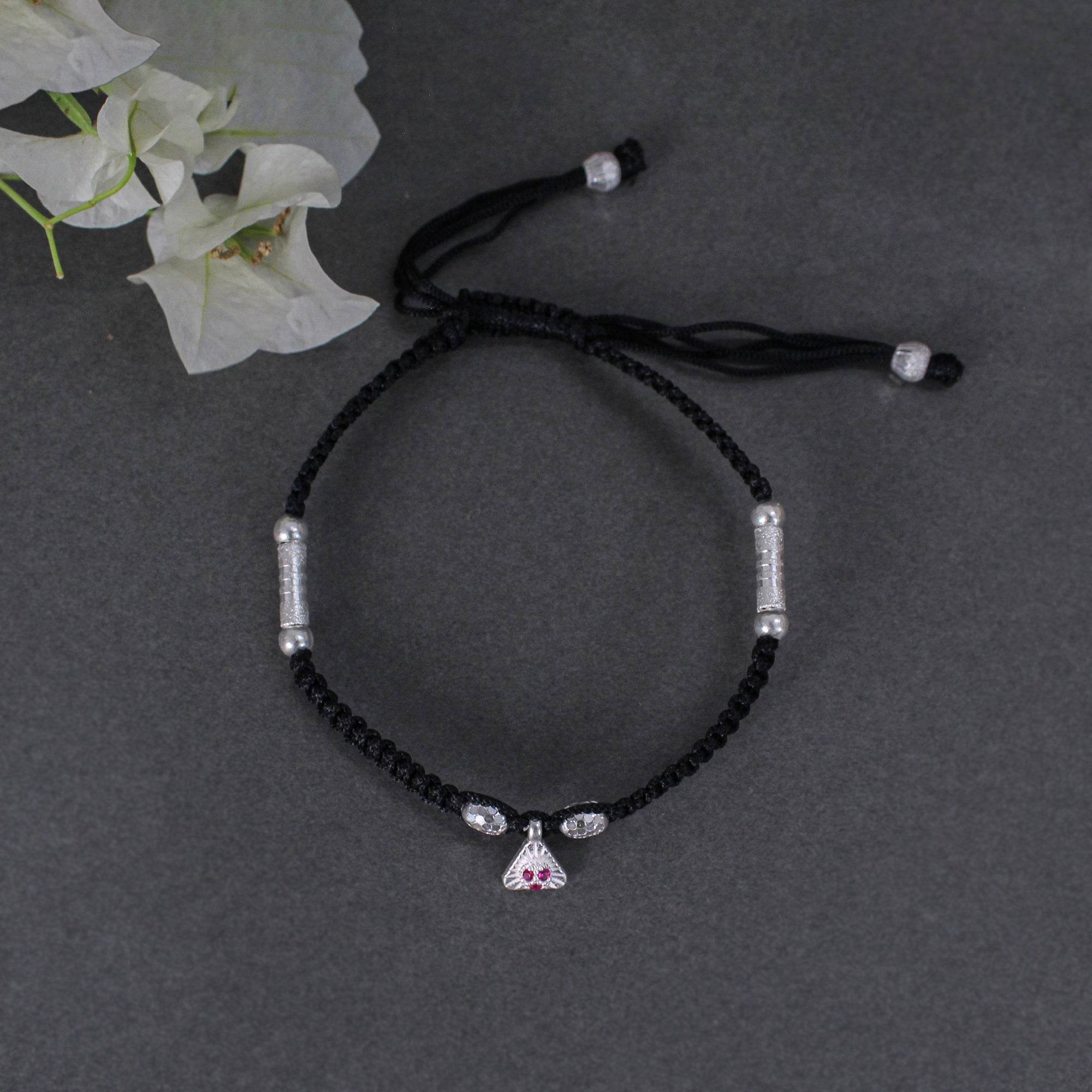 925 Silver Adjustable Anklet with Beaded Cord and Ruby Pendant - BeAbhika.com