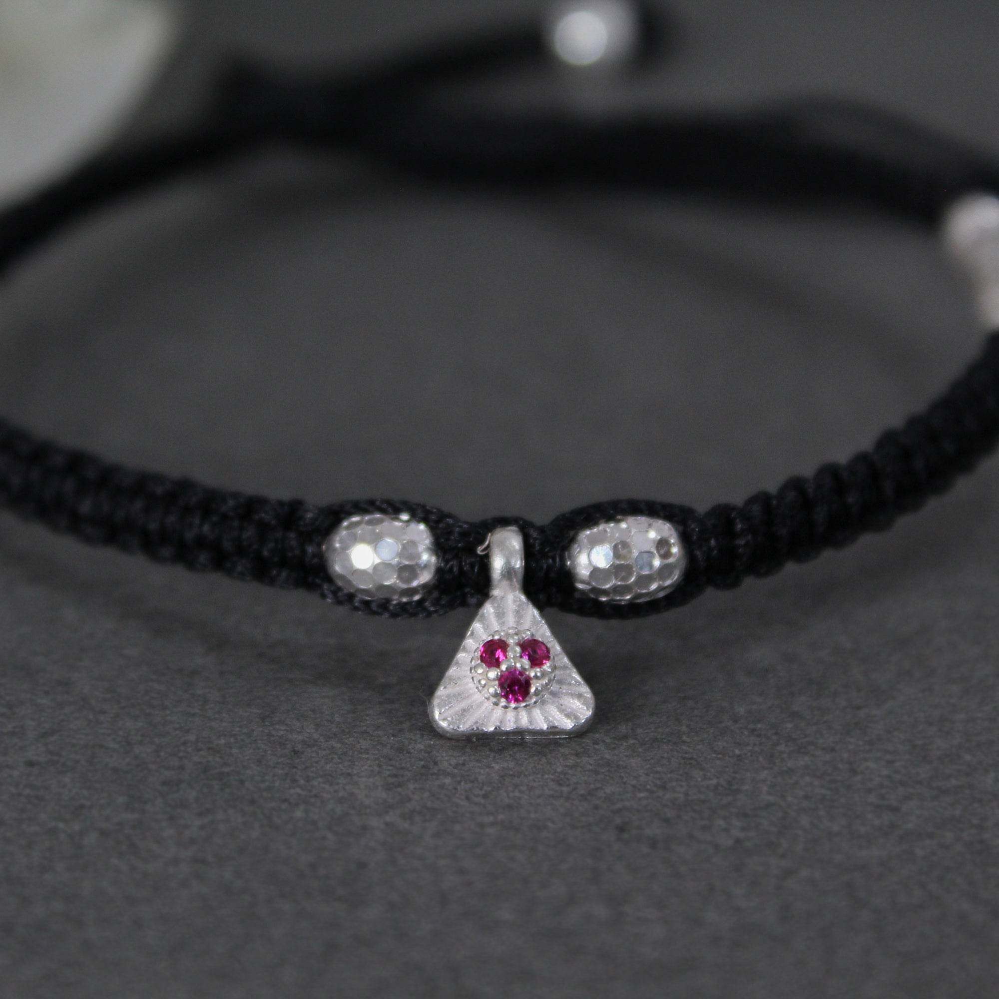 925 Silver Adjustable Anklet with Beaded Cord and Ruby Pendant - BeAbhika.com