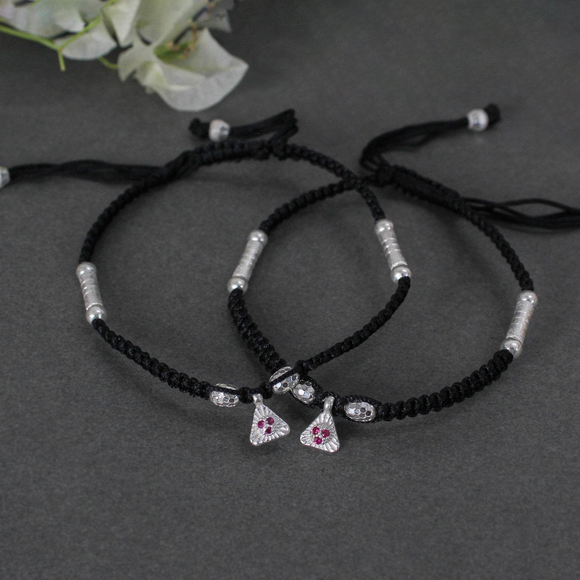 925 Silver Adjustable Anklet with Beaded Cord and Ruby Pendant - BeAbhika.com
