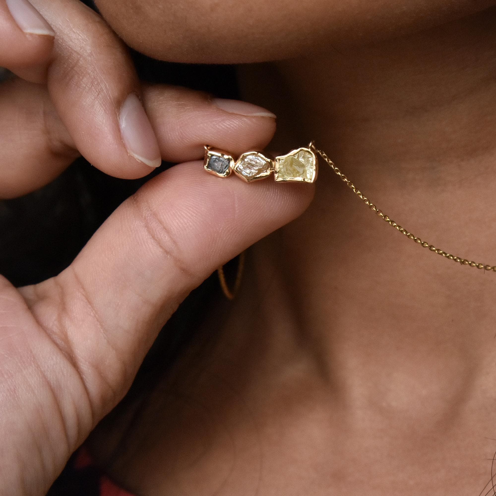 3 Color Natural Rough Diamond Bar Necklace, 14K Yellow Gold Raw Diamond Chain, Grey Brown Yellow Diamond Necklace, Layering Dainty Necklace