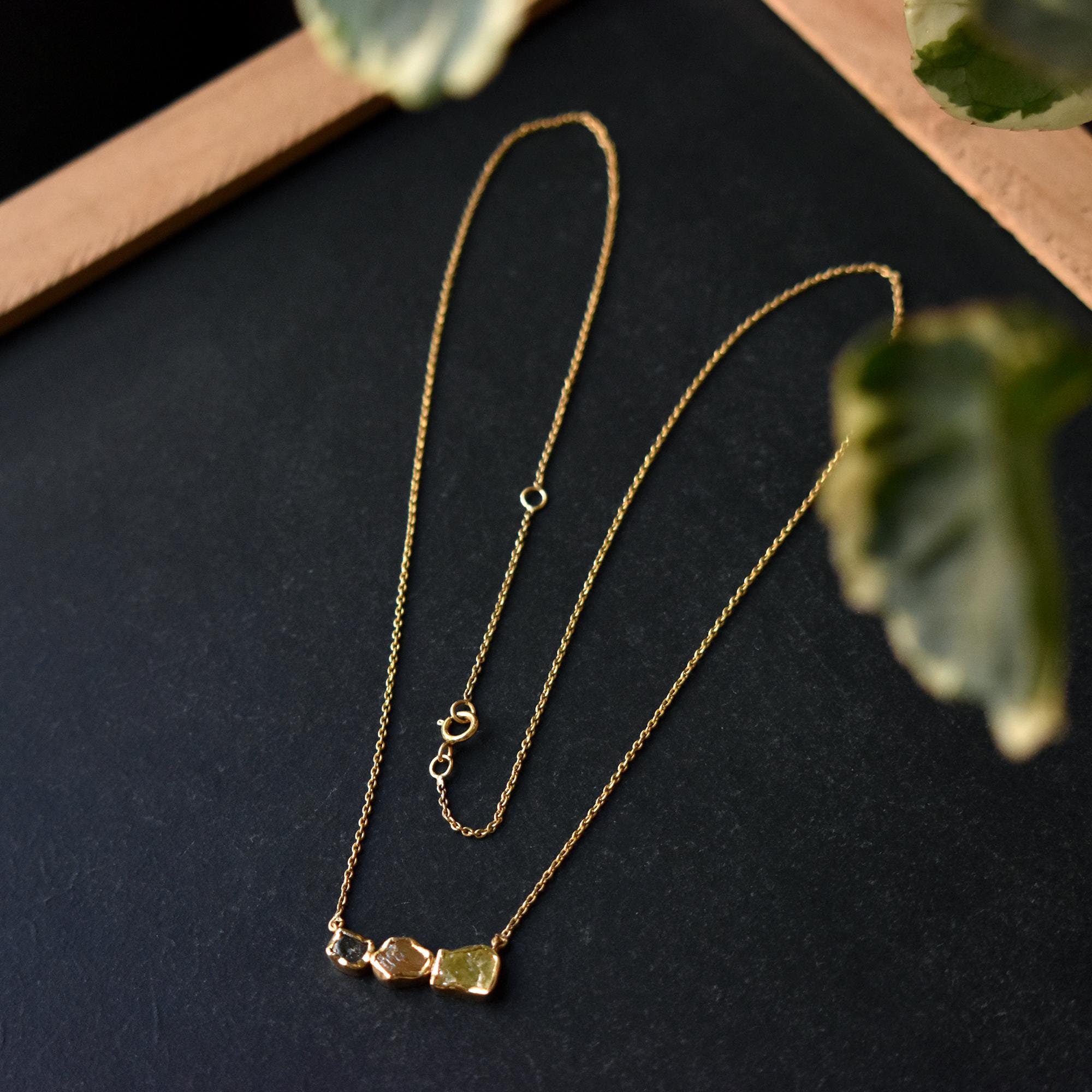 3 Color Natural Rough Diamond Bar Necklace, 14K Yellow Gold Raw Diamond Chain, Grey Brown Yellow Diamond Necklace, Layering Dainty Necklace