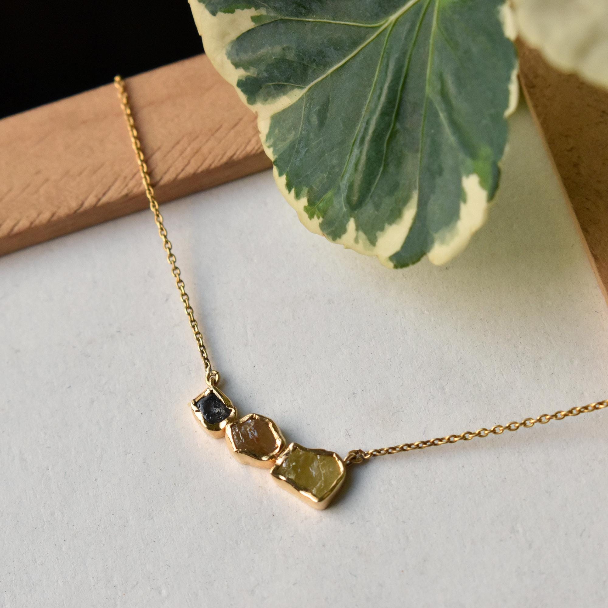 3 Color Natural Rough Diamond Bar Necklace, 14K Yellow Gold Raw Diamond Chain, Grey Brown Yellow Diamond Necklace, Layering Dainty Necklace