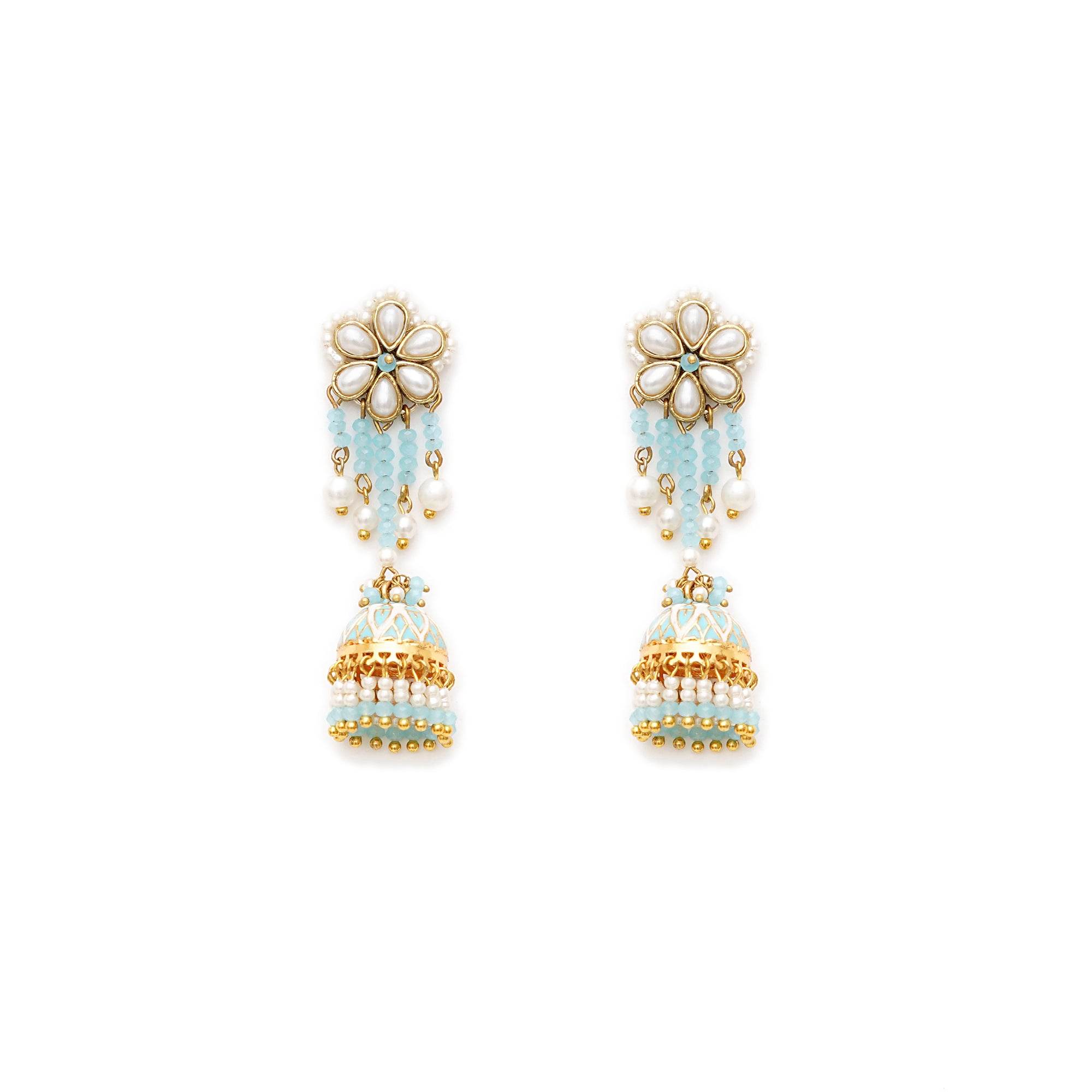 Blue Meenakari Jhumka Earrings with Pearl Drops - BeAbhika.com