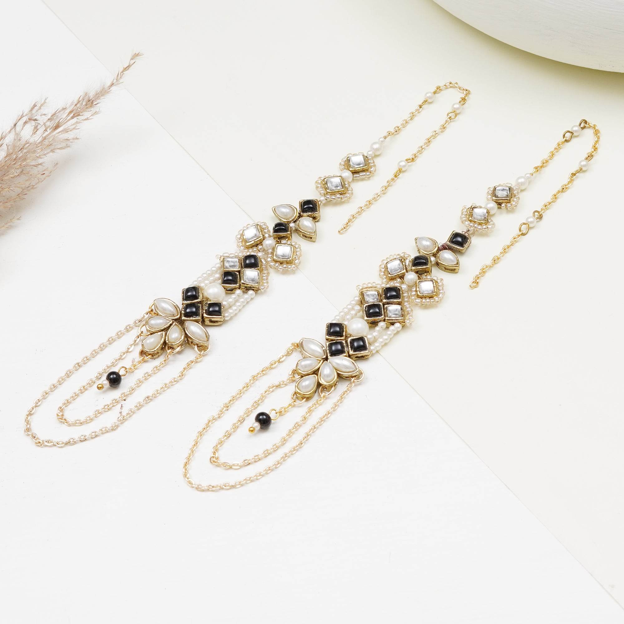 Black & Gold Kundan Pearl Earrings With Ear Chain - BeAbhika.com