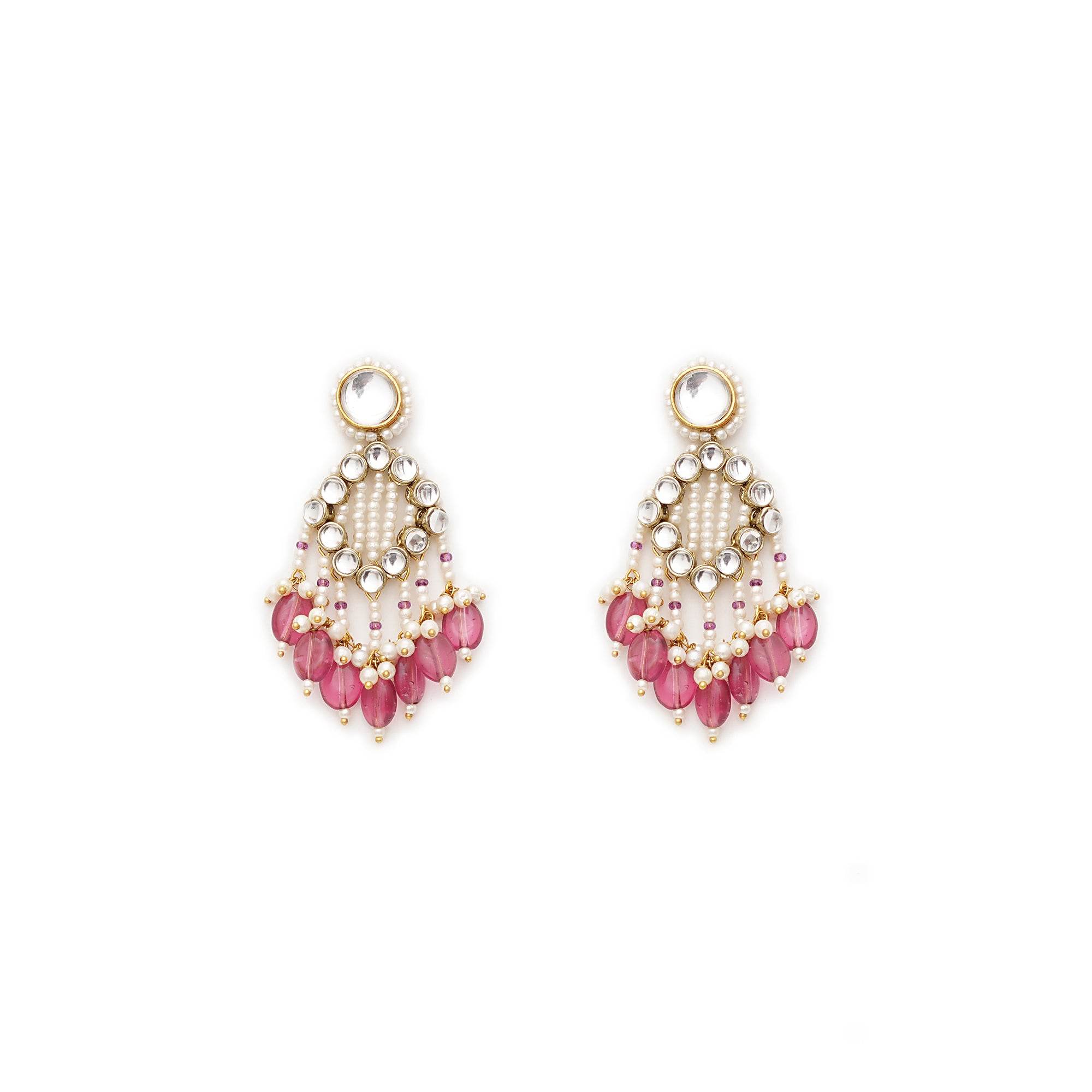 Pink Drop Kundan & Pearl Earrings - BeAbhika.com