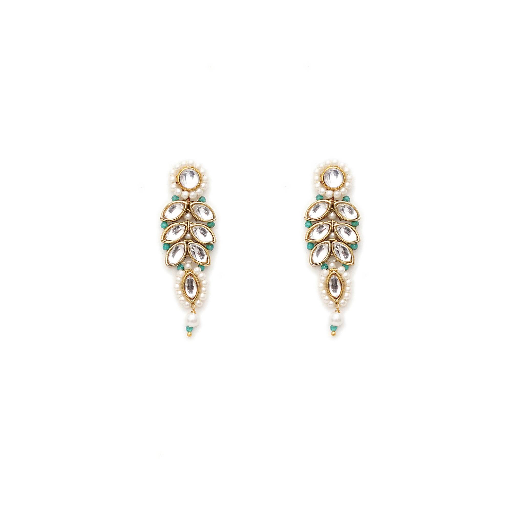 Green Beaded Leaf Kundan Stud Earrings - BeAbhika.com