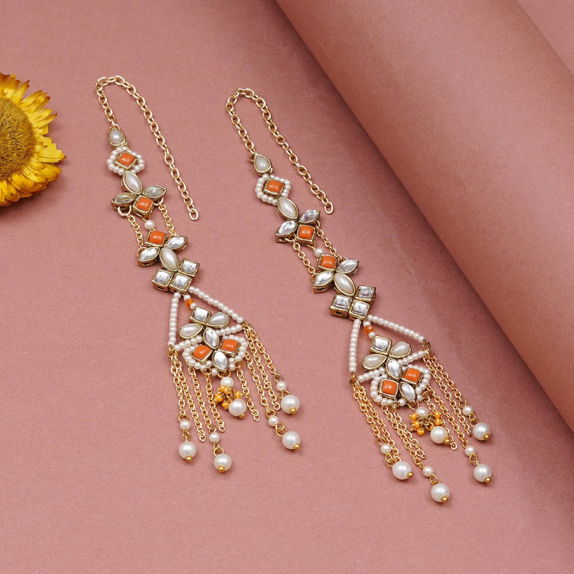 Orange Kundan Dangler Earrings with Ear Chain - BeAbhika.com
