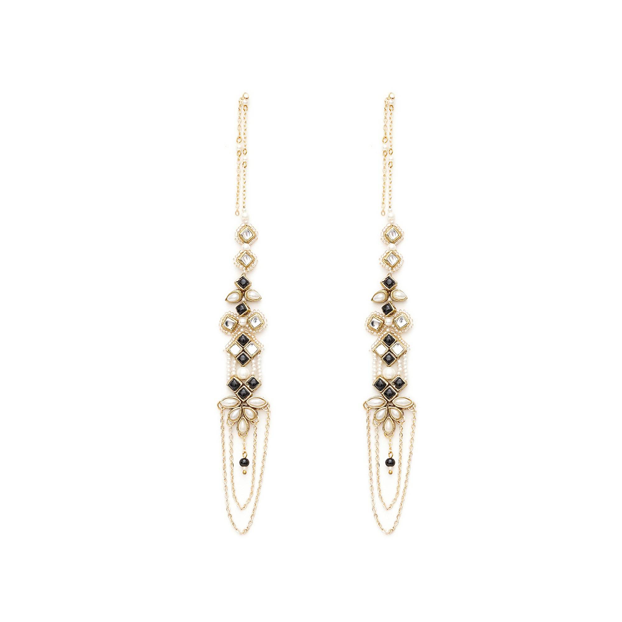 Black & Gold Kundan Pearl Earrings With Ear Chain - BeAbhika.com