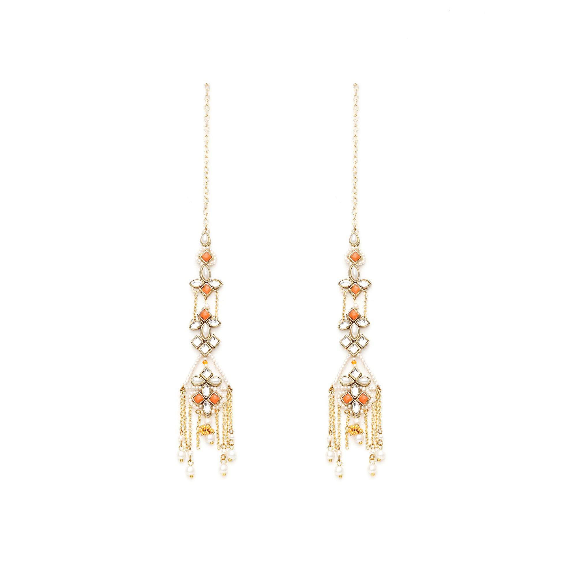 Orange Kundan Dangler Earrings with Ear Chain - BeAbhika.com