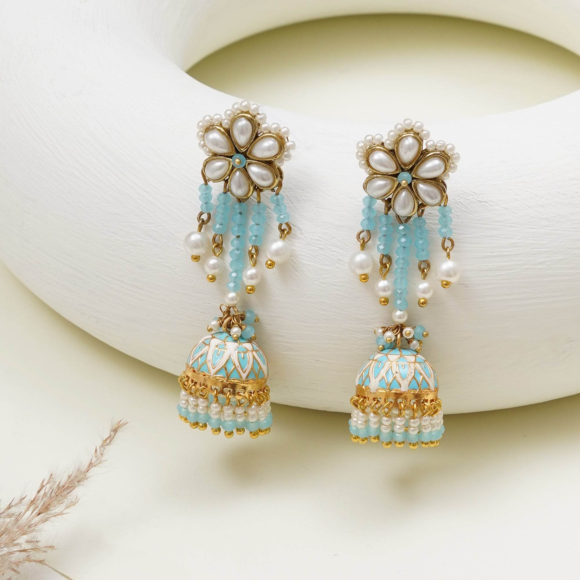 Blue Meenakari Jhumka Earrings with Pearl Drops - BeAbhika.com