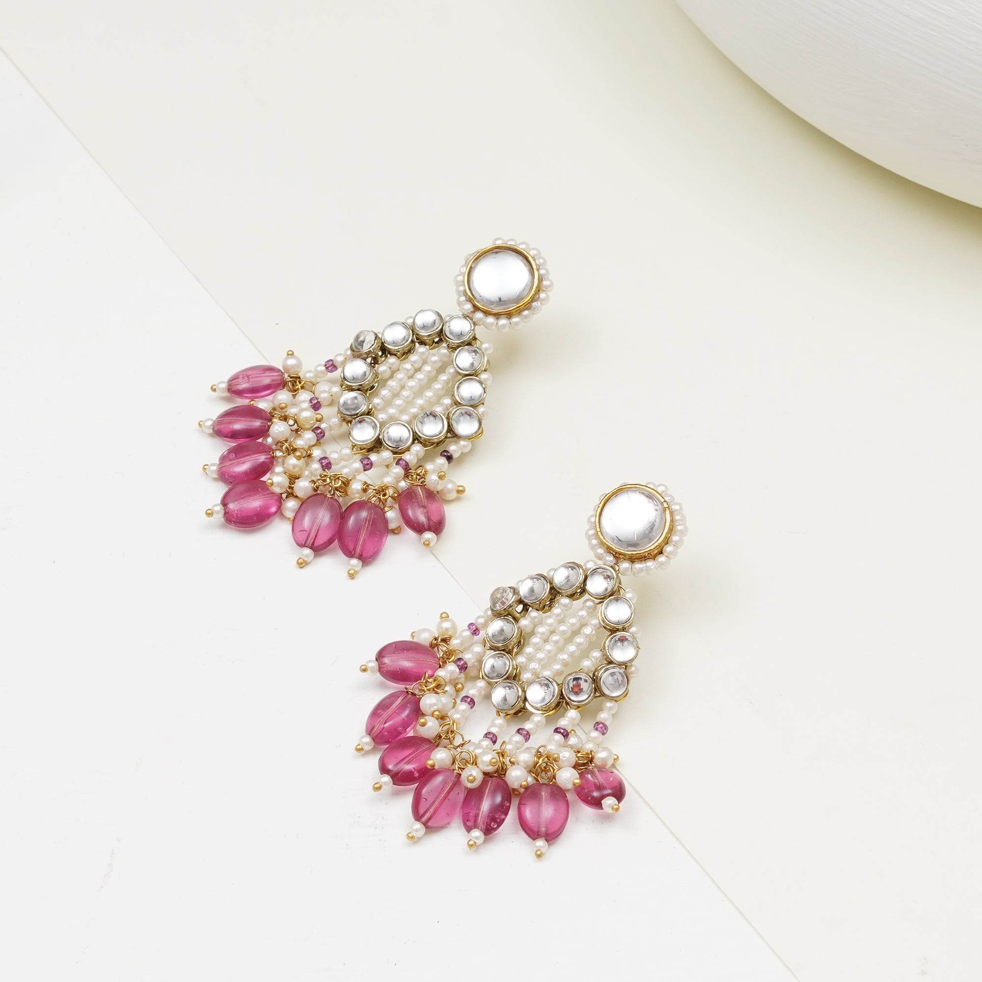 Pink Drop Kundan & Pearl Earrings - BeAbhika.com