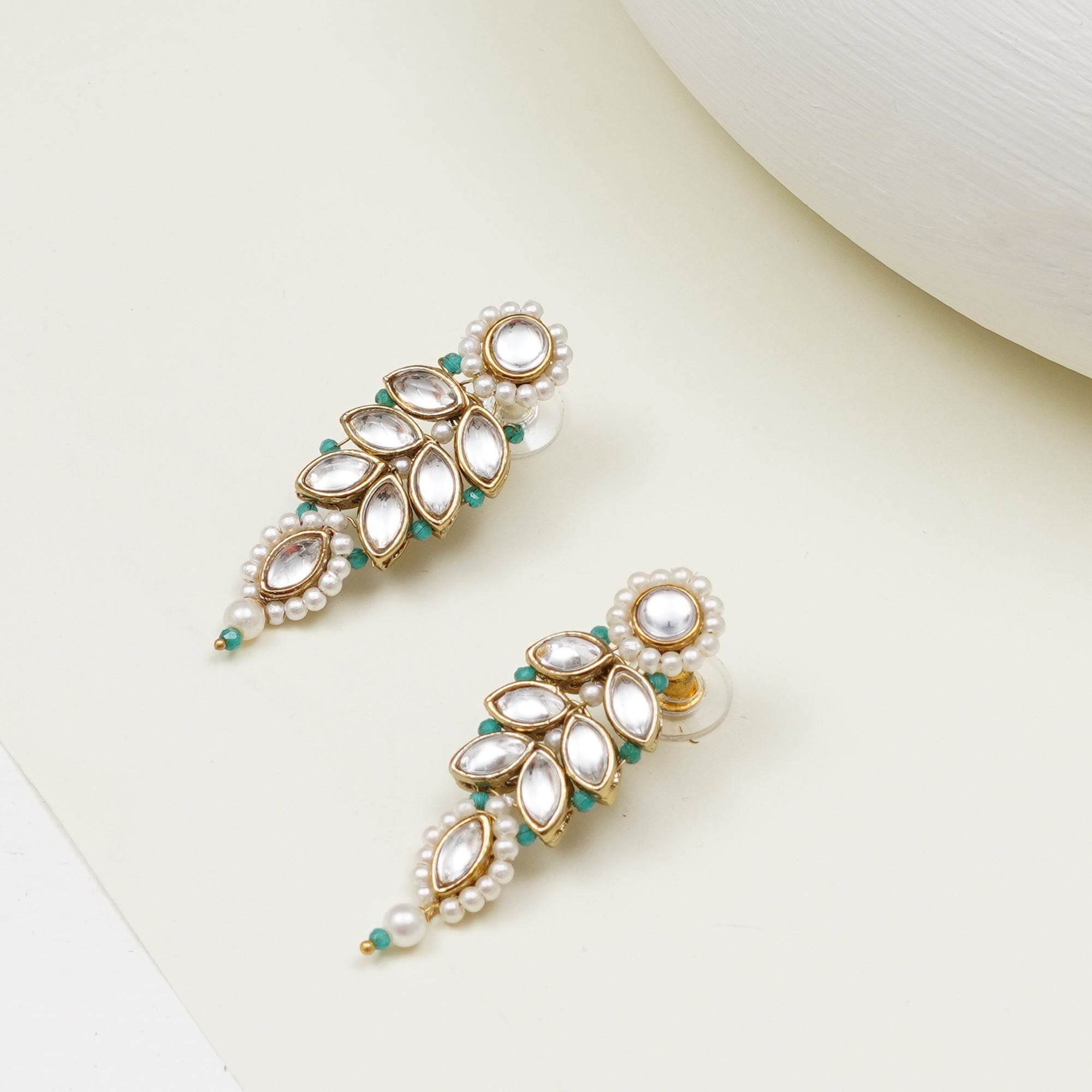 Green Beaded Leaf Kundan Stud Earrings - BeAbhika.com