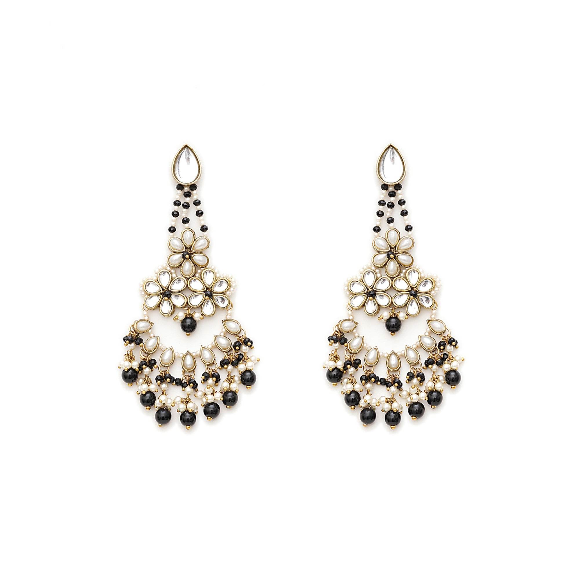 Black Beaded Kundan Chandbali Earrings - BeAbhika.com