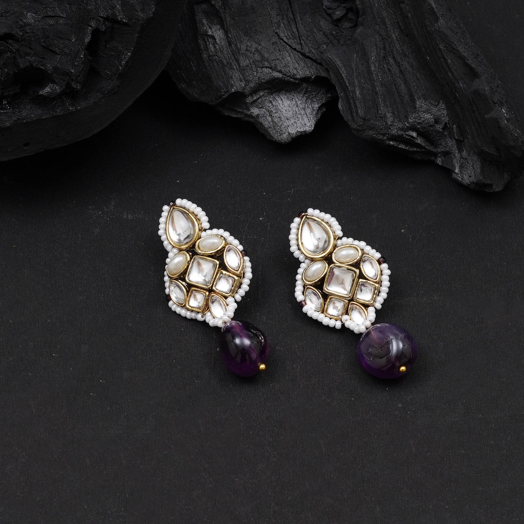 Regal Kundan & Pearl Drop Pink Earrings - BeAbhika.com