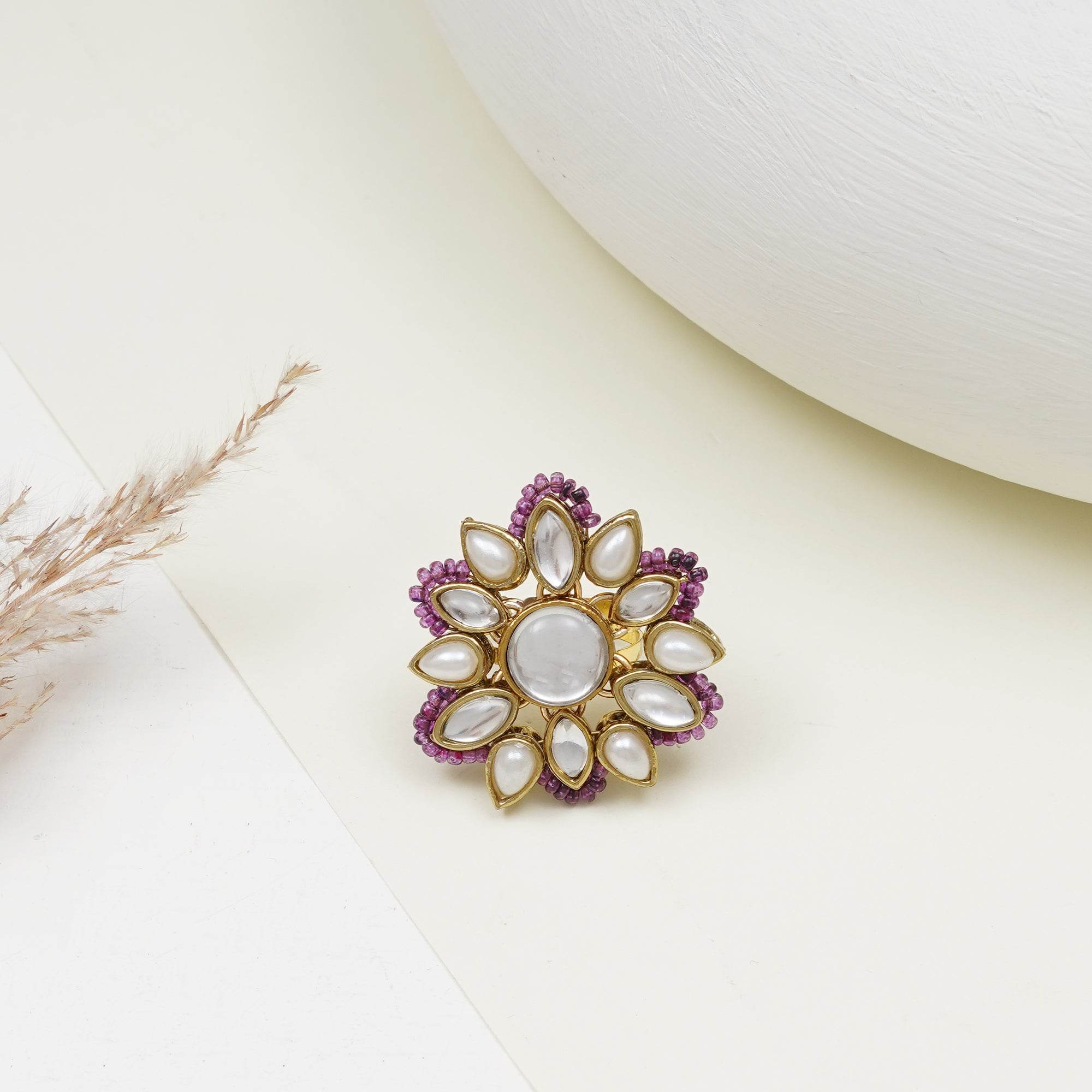 Adjustable Kundan Cocktail Ring - BeAbhika.com