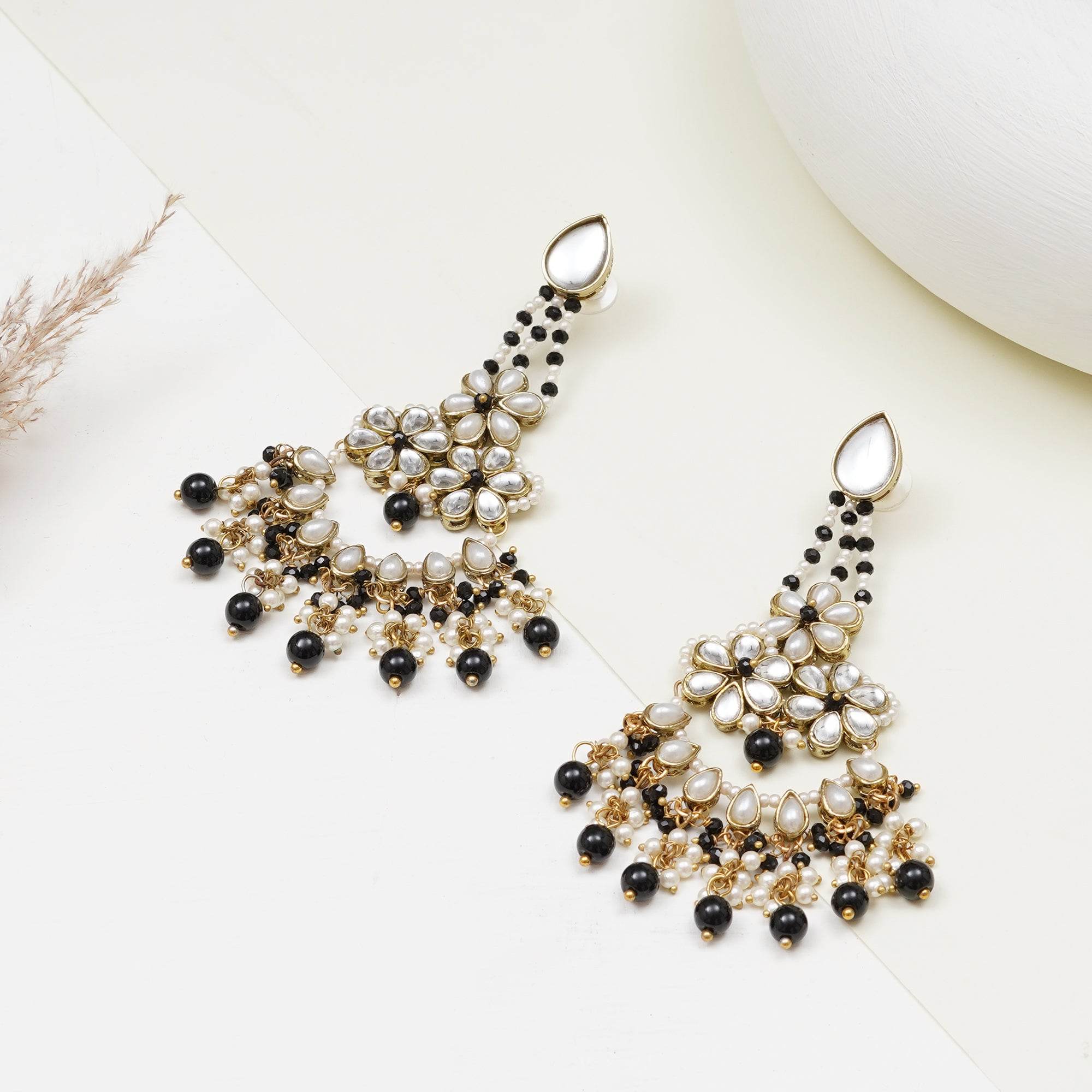 Black Beaded Kundan Chandbali Earrings - BeAbhika.com
