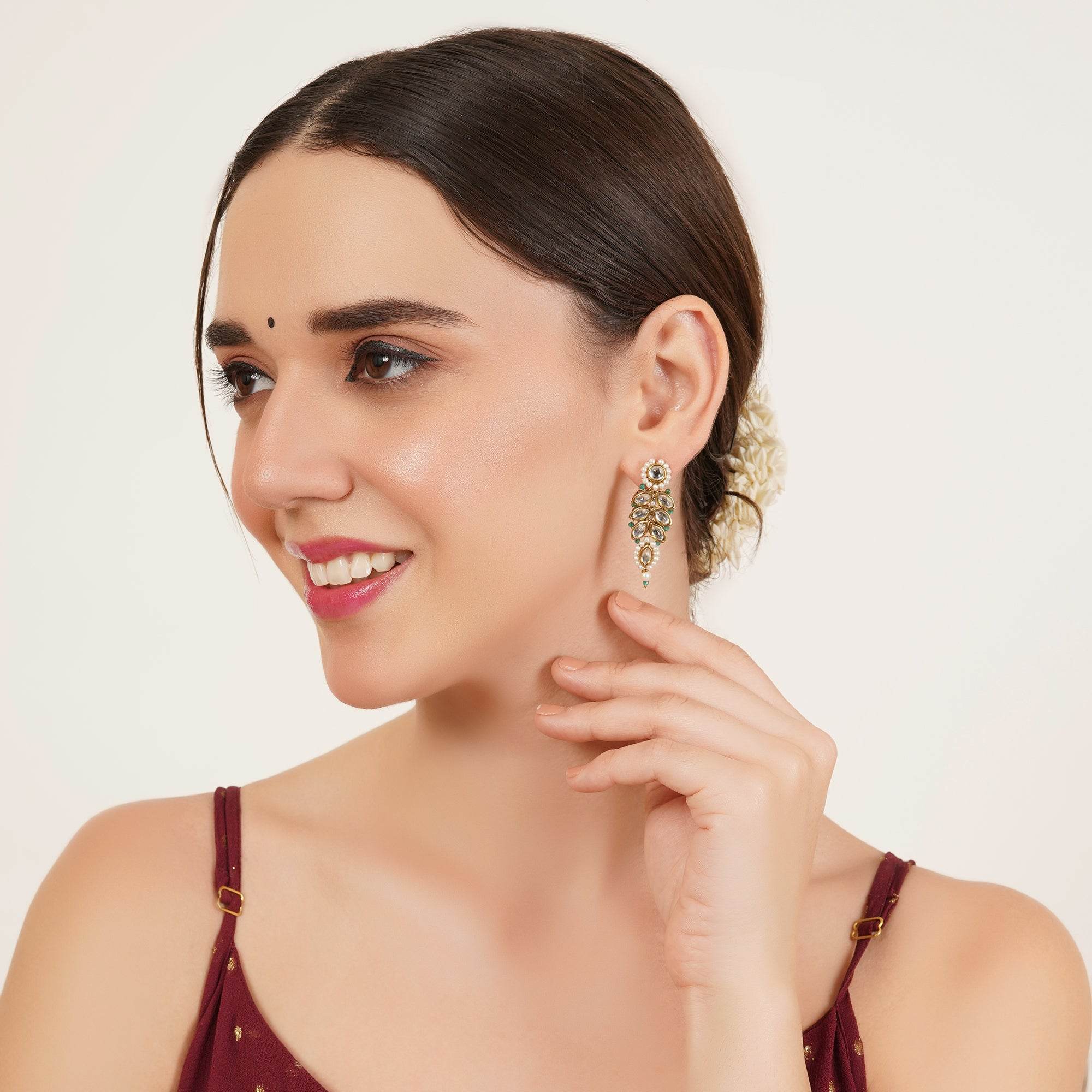 Green Beaded Leaf Kundan Stud Earrings - BeAbhika.com