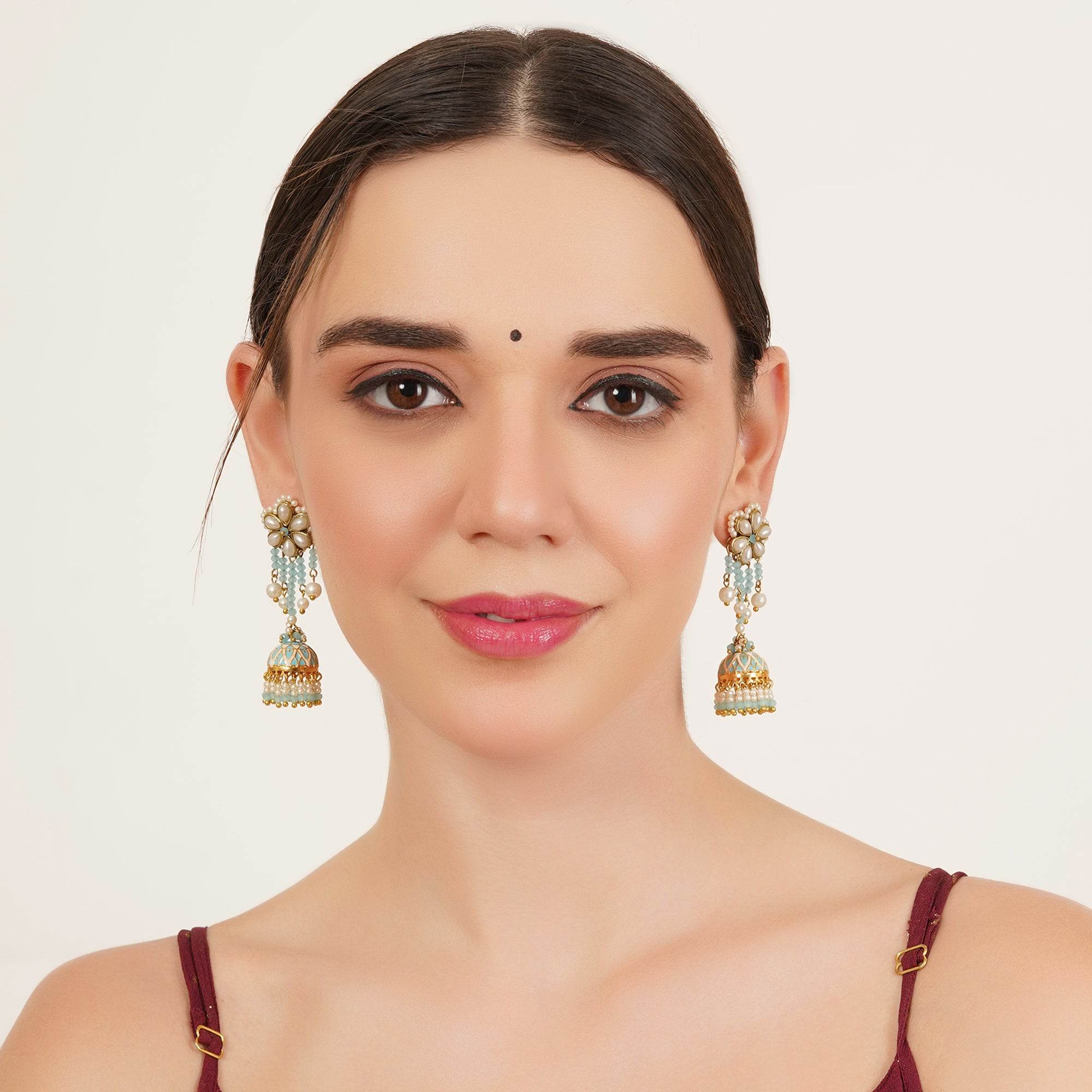Blue Meenakari Jhumka Earrings with Pearl Drops - BeAbhika.com