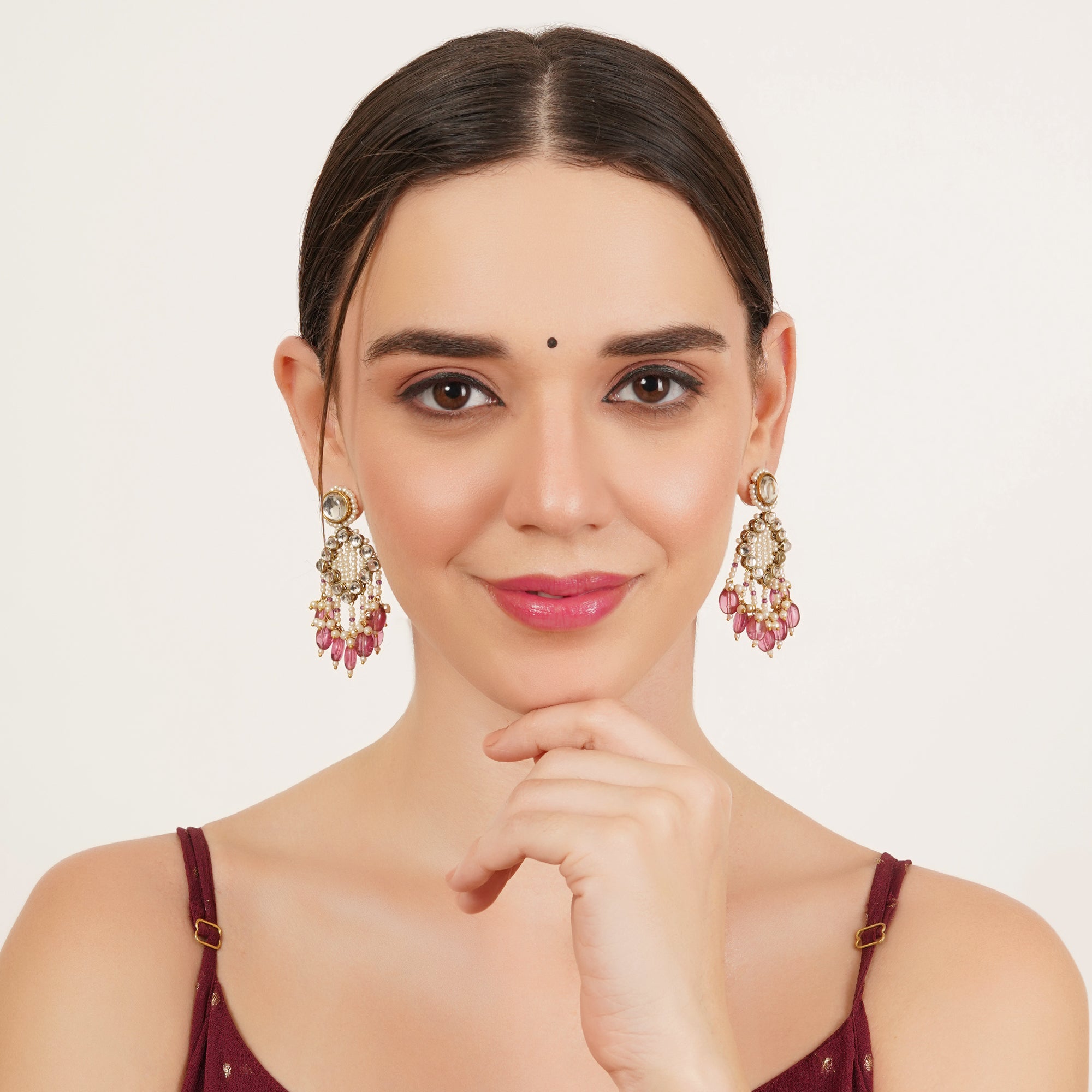 Pink Drop Kundan & Pearl Earrings