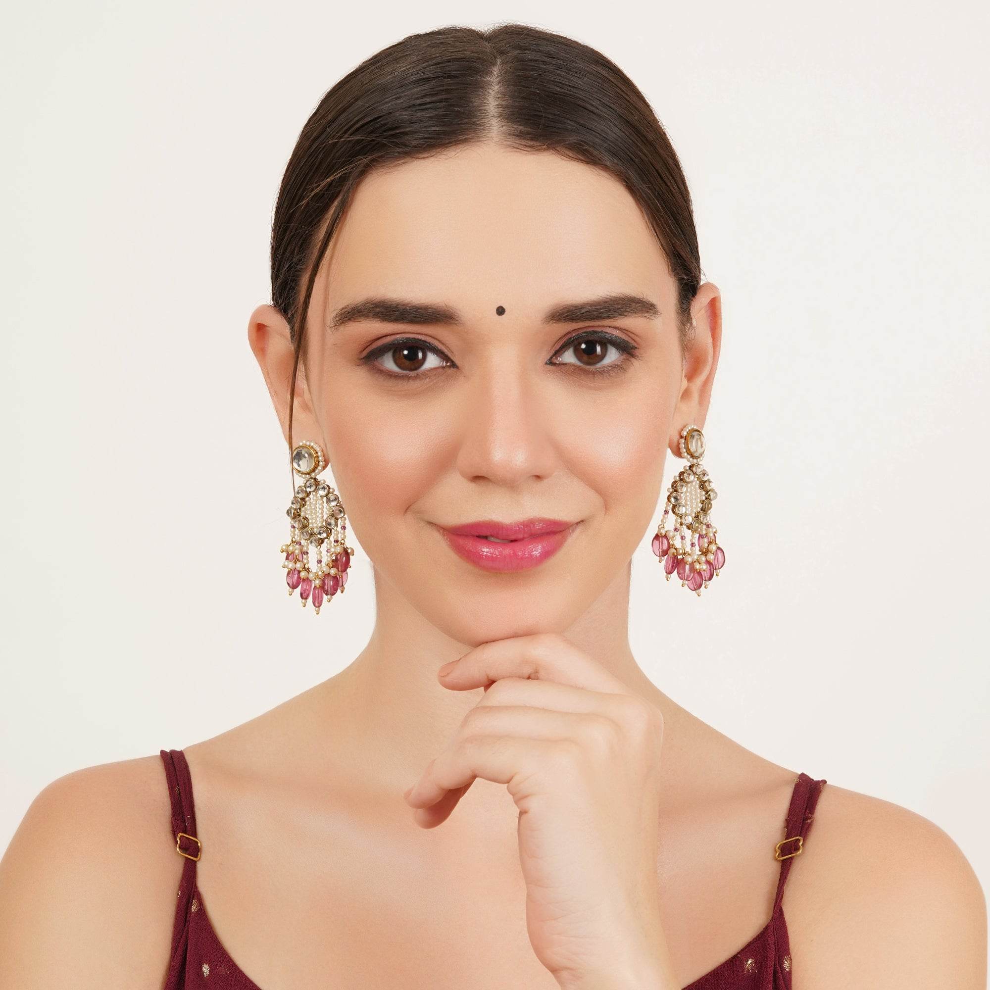Pink Drop Kundan & Pearl Earrings - BeAbhika.com