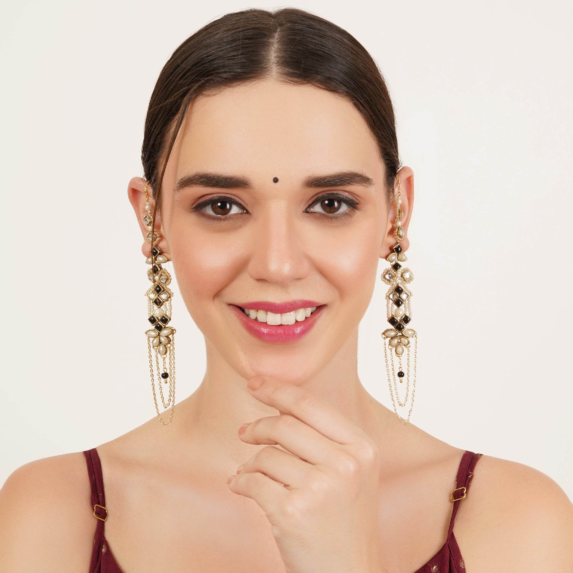 Black & Gold Kundan Pearl Earrings With Ear Chain - BeAbhika.com